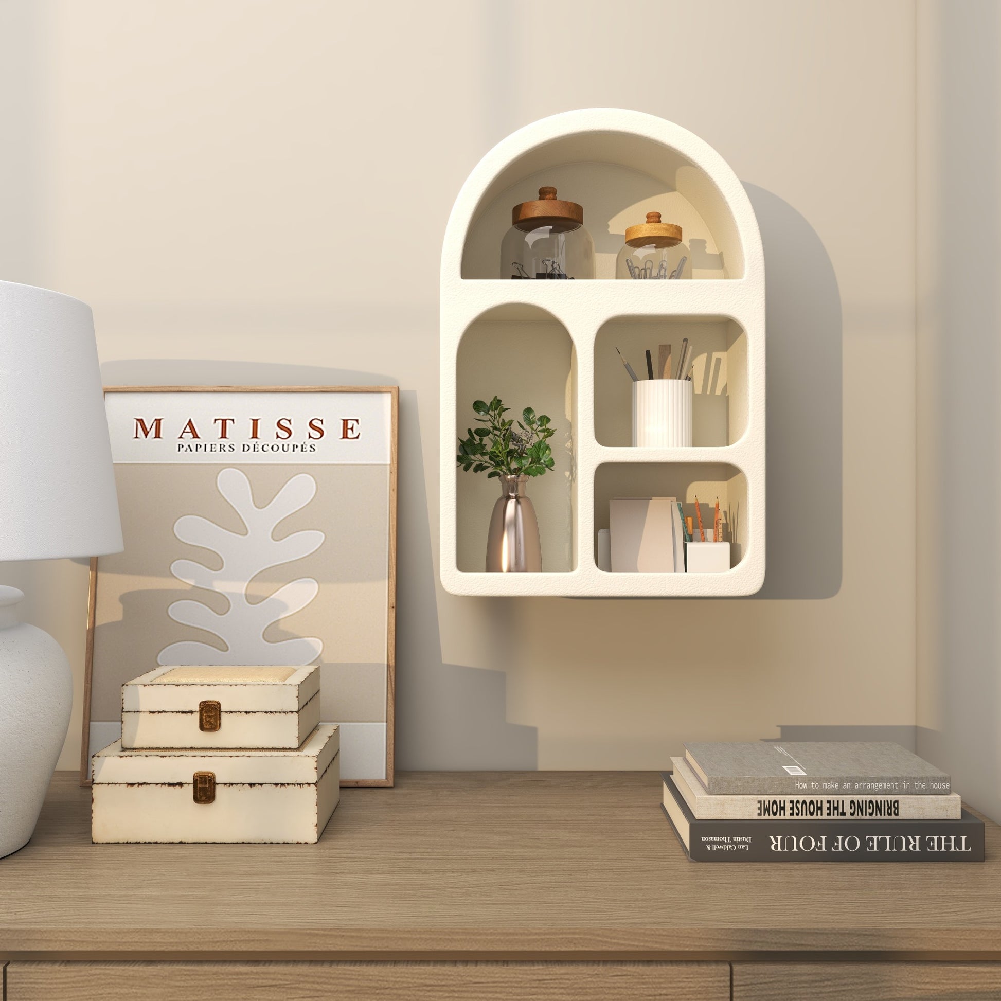 Geometric Wooden Arched 4 Shelf Room Wall Shelf with Varying Block Shapes
