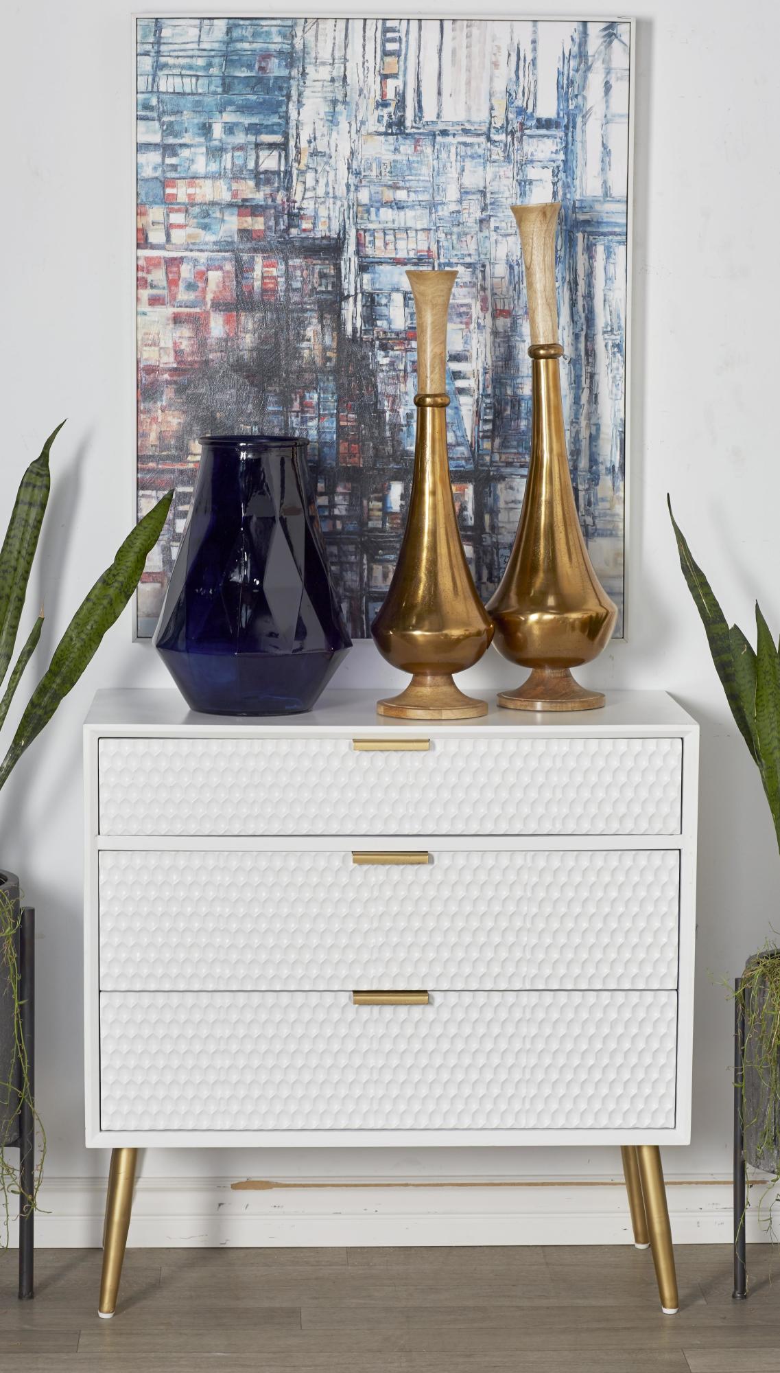 Geometric White Wooden 3 Drawer Room Chest with Gold Legs