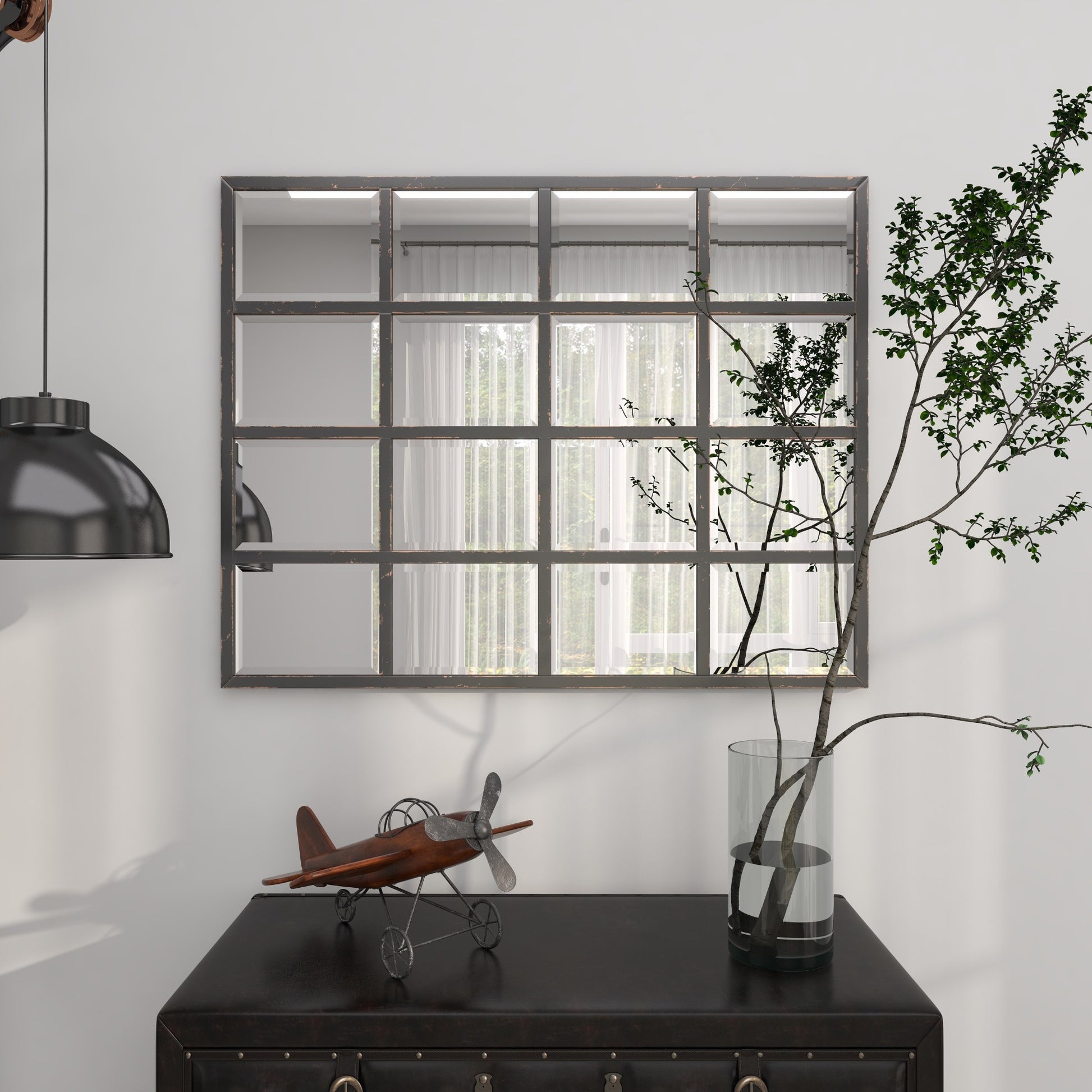 Black Metal Window Pane Inspired Room Wall Mirror