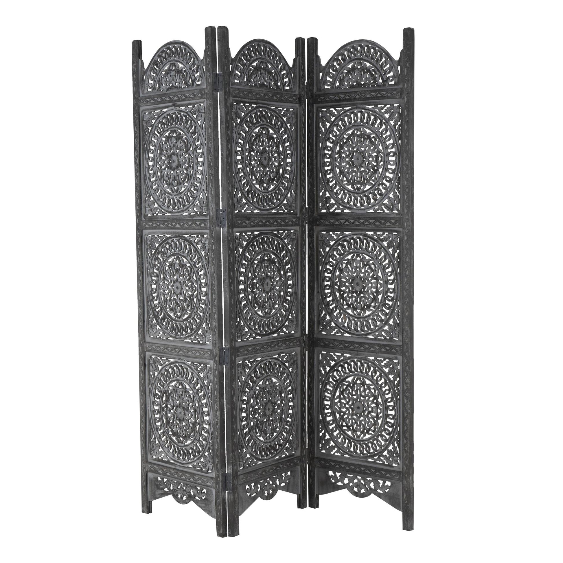 Floral Black Wood Handmade Foldable Partition 3 Panel Partition Room Divider Screen with Carved Designs