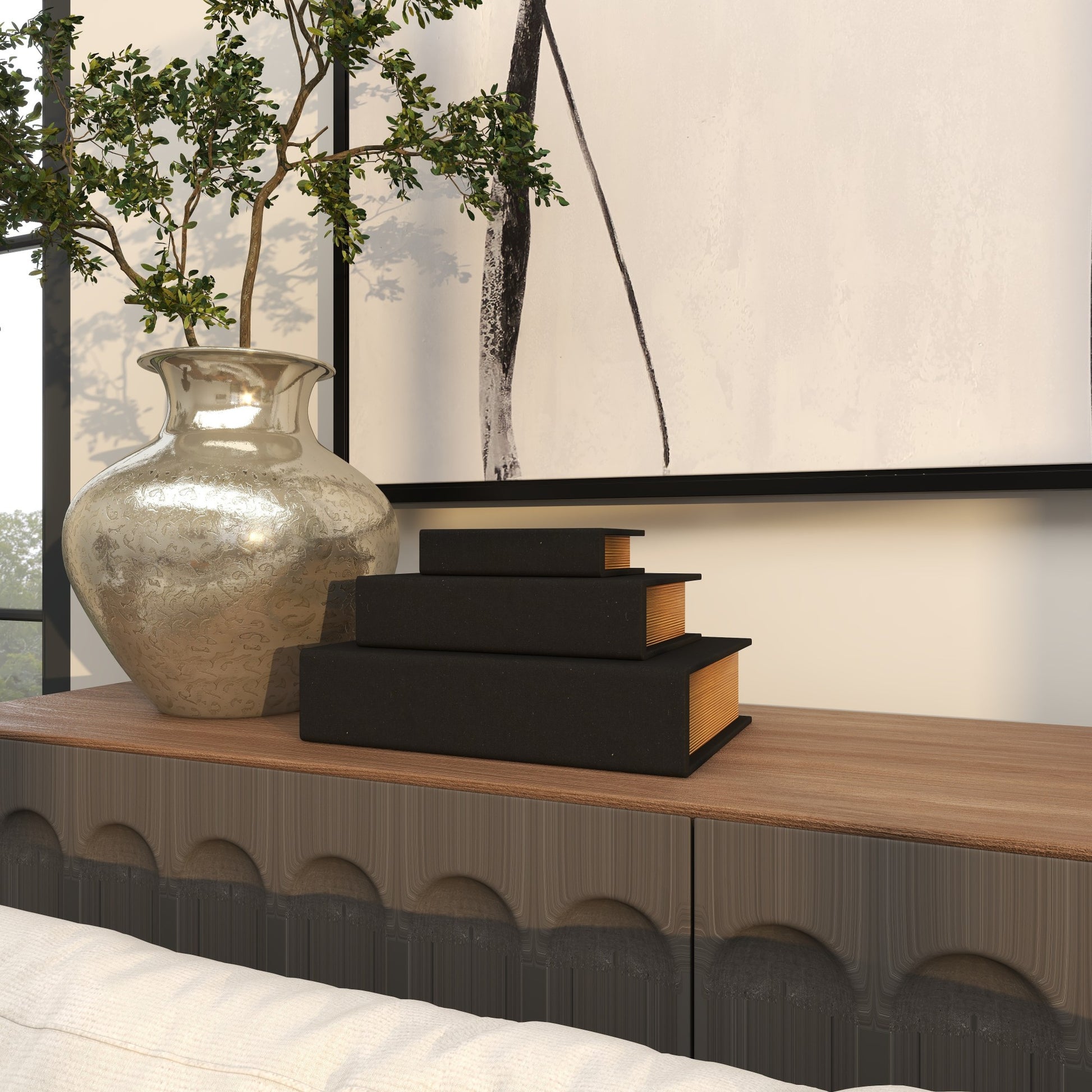 Set of 3 Linen Fabric Textured Faux Book Storage Decorative Box with Gold Page Detailing