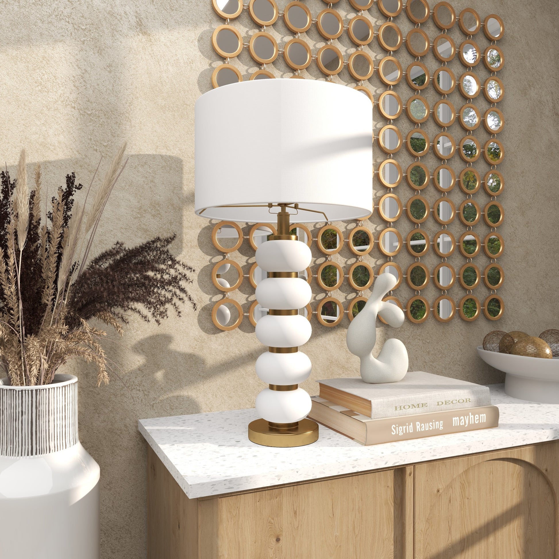 CosmoLiving by Cosmopolitan Metal Orbs Style Base Room Table Lamp with Drum Shade