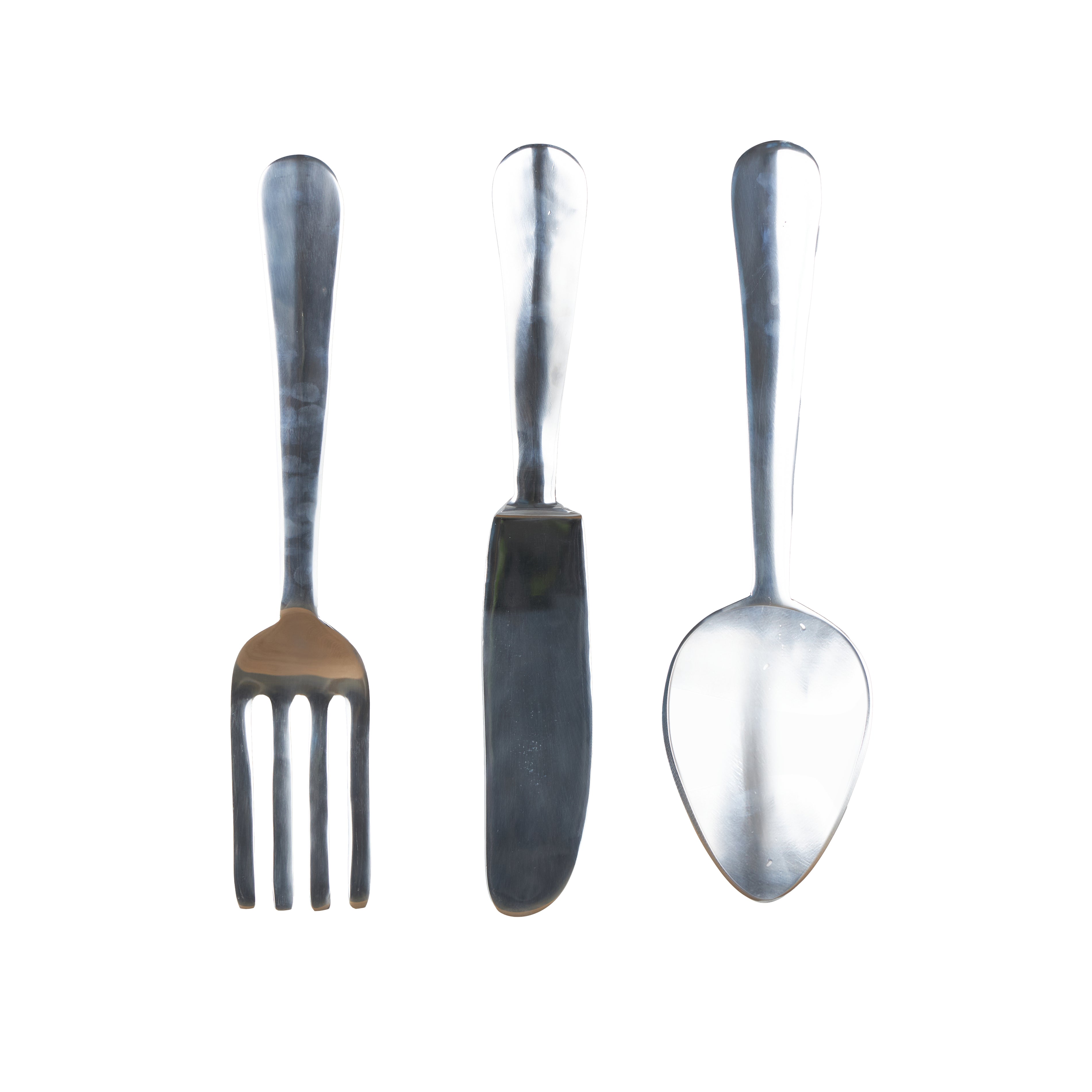 Set of 3 Utensils Aluminum Metal Knife, Spoon, and Fork Kitchen Home Wall Decor Set of 3 7"W, 23"H