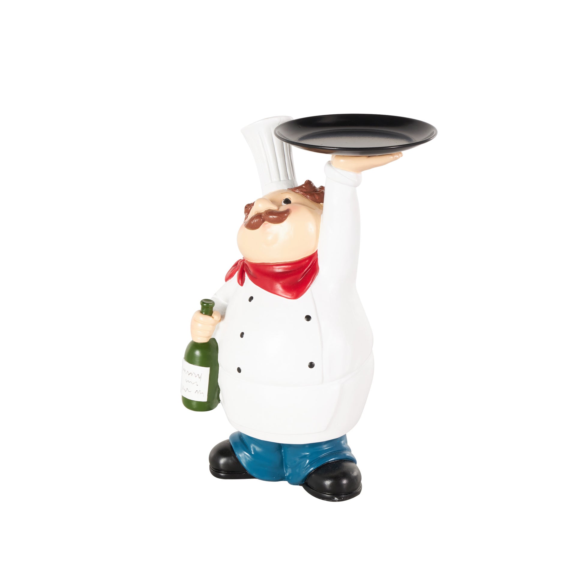 Chef White Polystone Kitchen Decorative Figurine Decorative Sculpture with Black Tray and Green Bottle