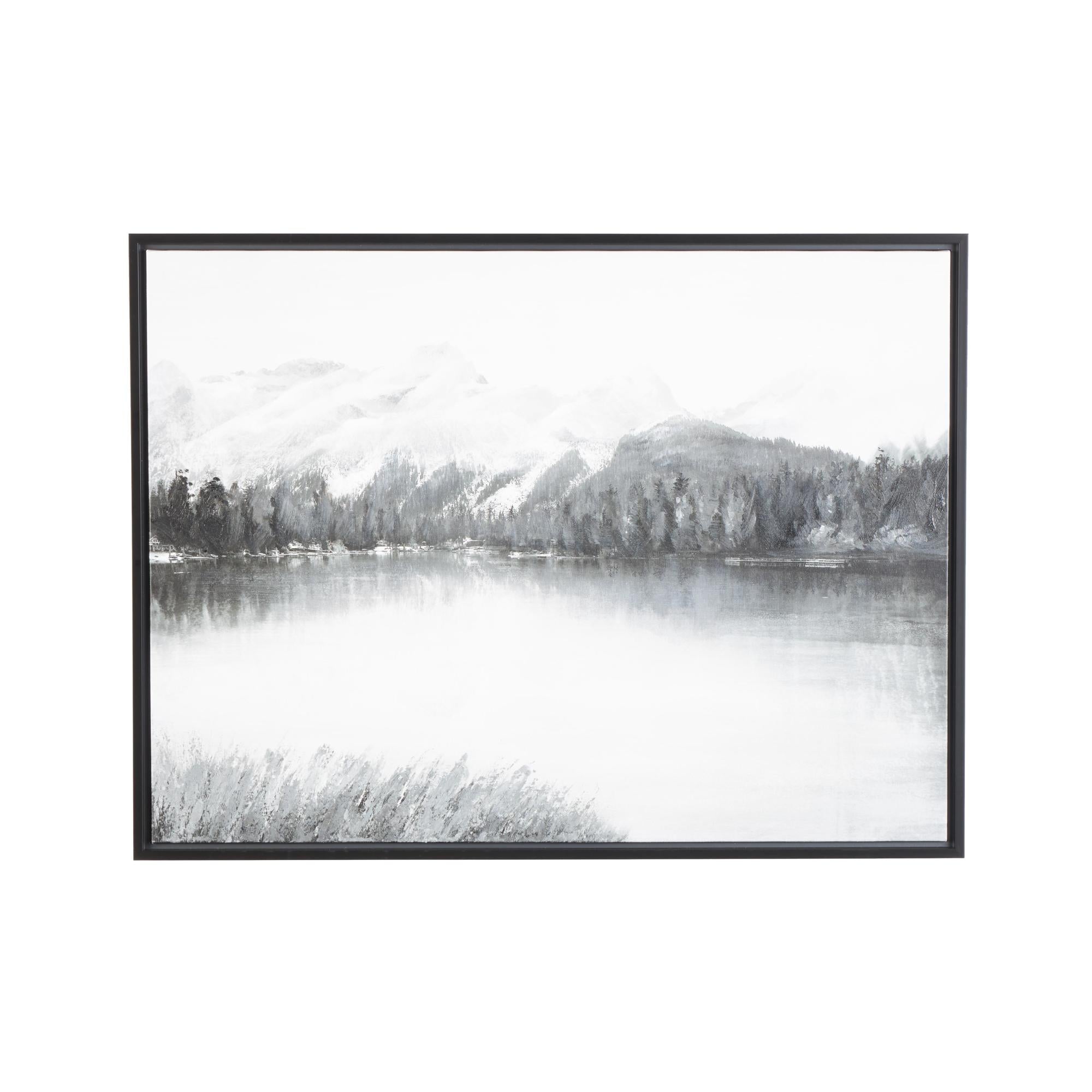 Landscape Gray Canvas Neutral Toned Lake and Mountain Living Room Framed Wall Art with Black Frame