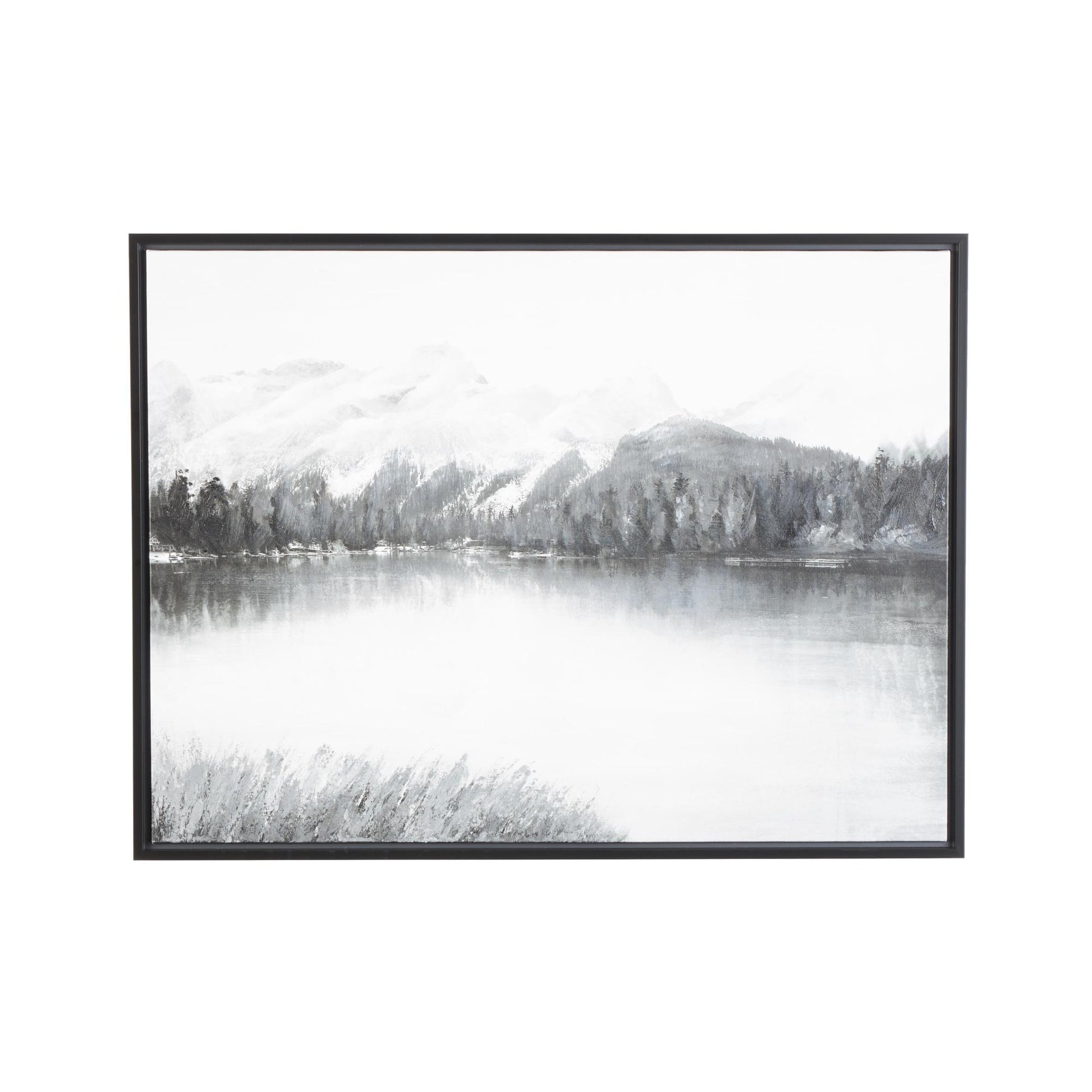 Landscape Gray Canvas Neutral Toned Lake and Mountain Living Room Framed Wall Art with Black Frame