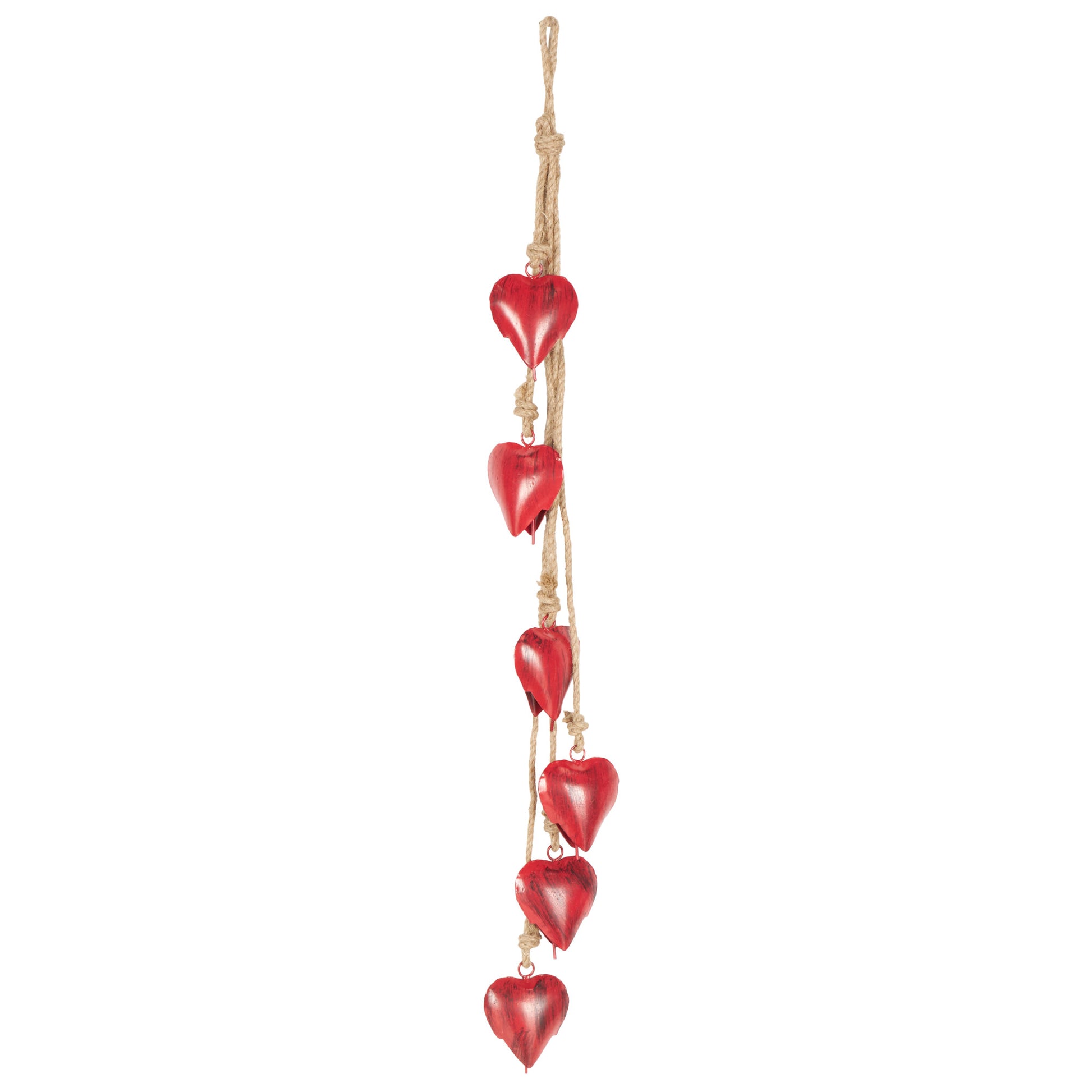 Heart Metal Tibetan Inspired Indoor Outdoor Decorative Cow Bells with 6 Bells on Jute Hanging Rope