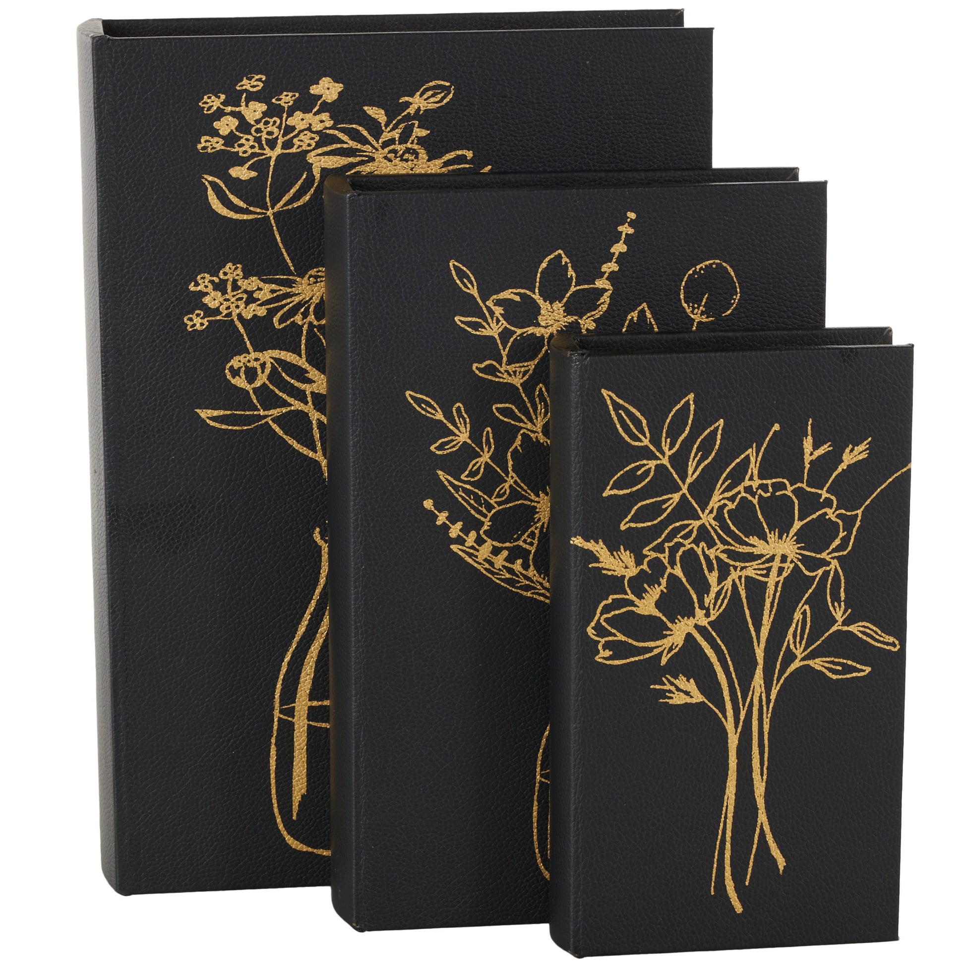 Set of 3 Floral Black Faux Leather Outline Faux Book Storage Decorative Box with Metallic Gold Accents