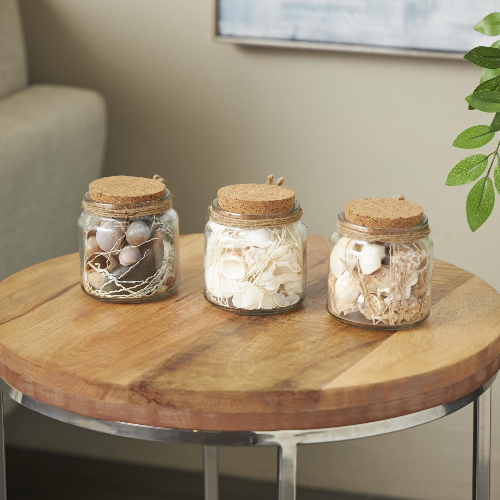 Set of 3 Clear Glass Decorative Orbs & Vase Filler with Seashells and Jute Rope Accents