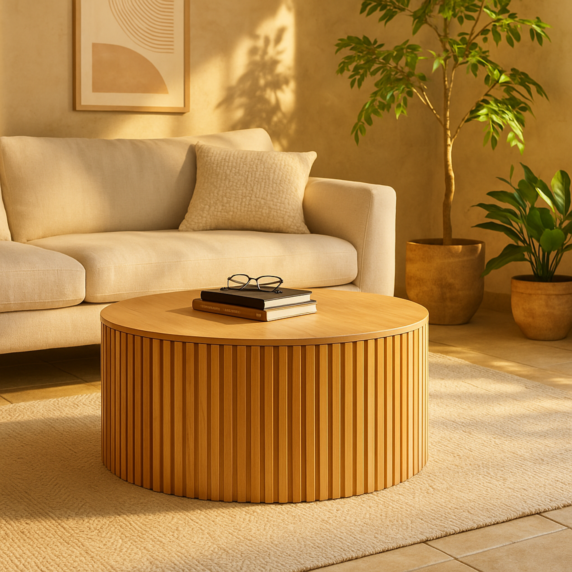 Wood Handmade Ribbed Living Room Coffee Table with Slatted Base