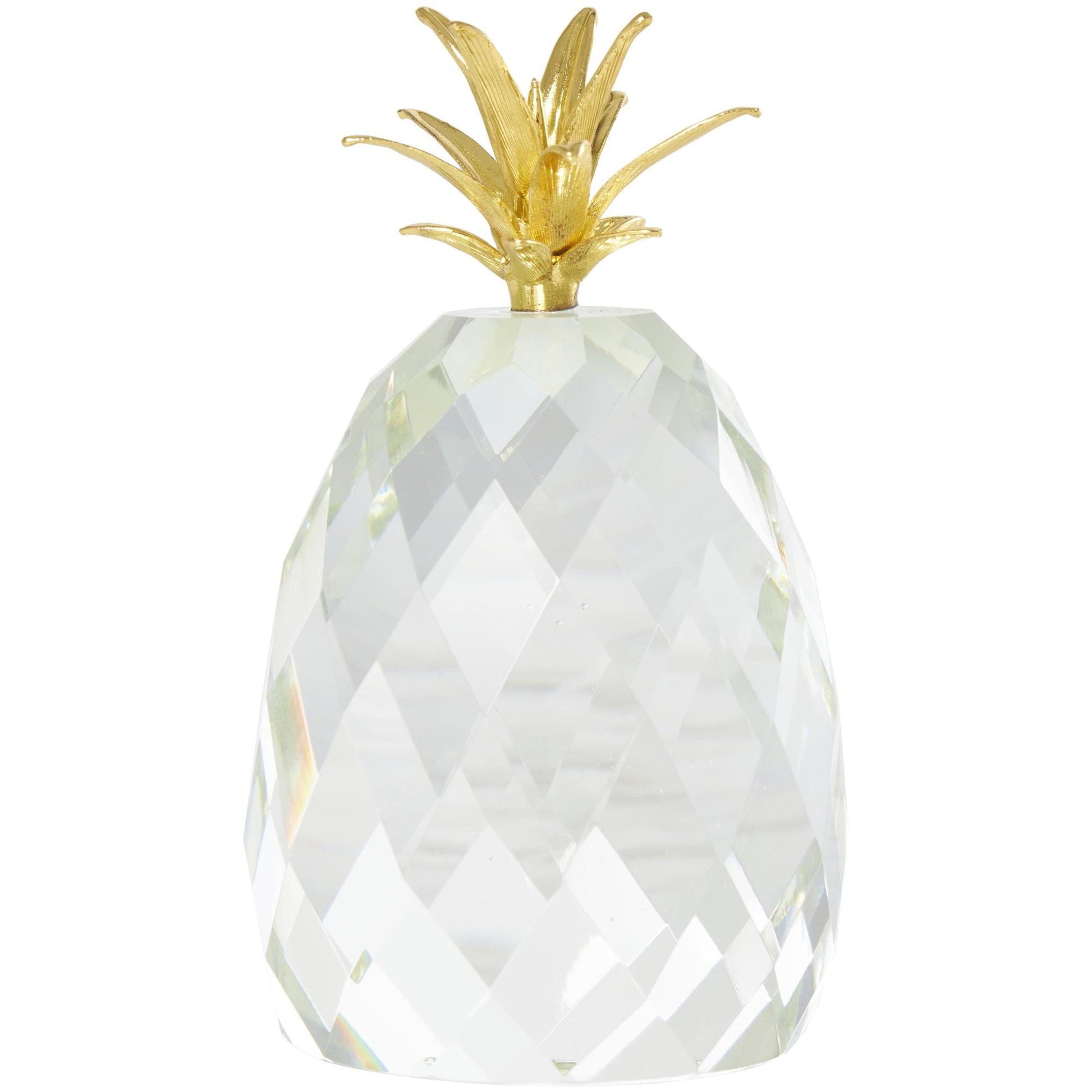 Set of 3 Fruit Clear Crystal Faceted Pineapple Decorative Sculpture with Gold Leaves