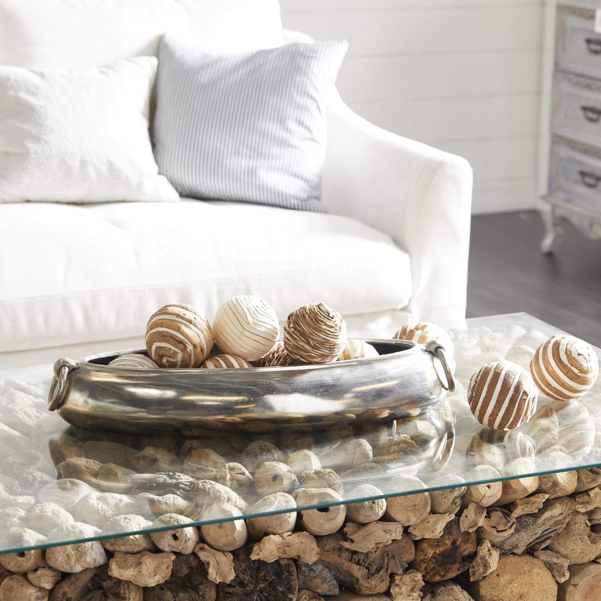 Set of 3 White Dried Plant Handmade Decorative Orbs & Vase Filler with Varying Designs