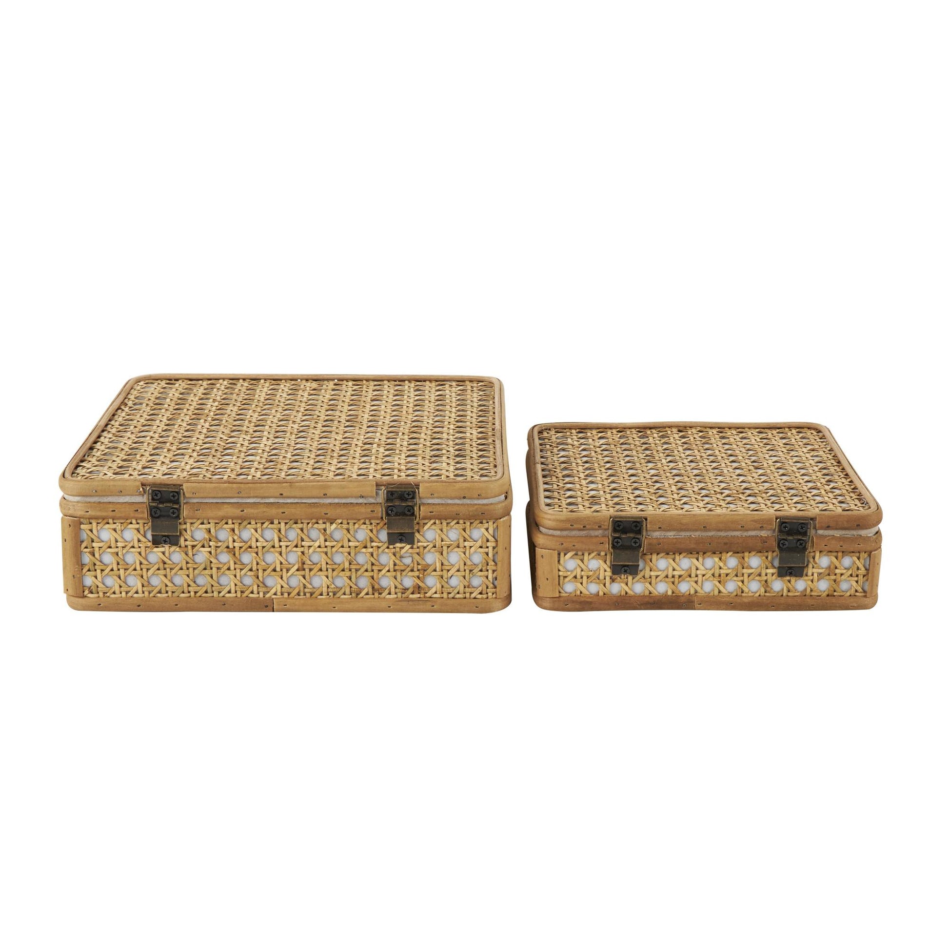 Set of 2 Brown Rattan Handmade Woven Rattan Decorative Box with Bronze Latches