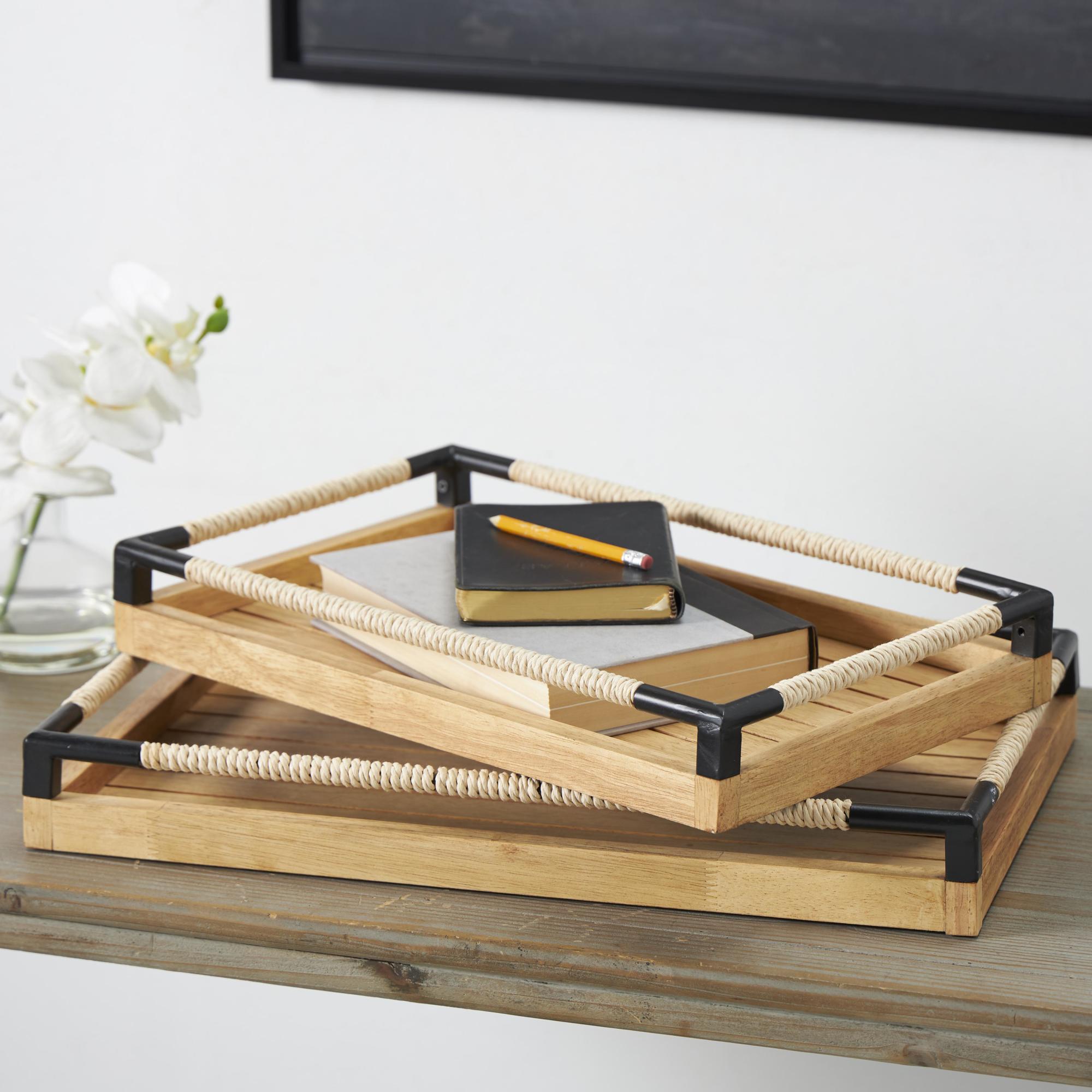 Set of 2 Brown Wood Slatted Living Room Decor Tray with Elevated Woven Sides and Black Metal Corners