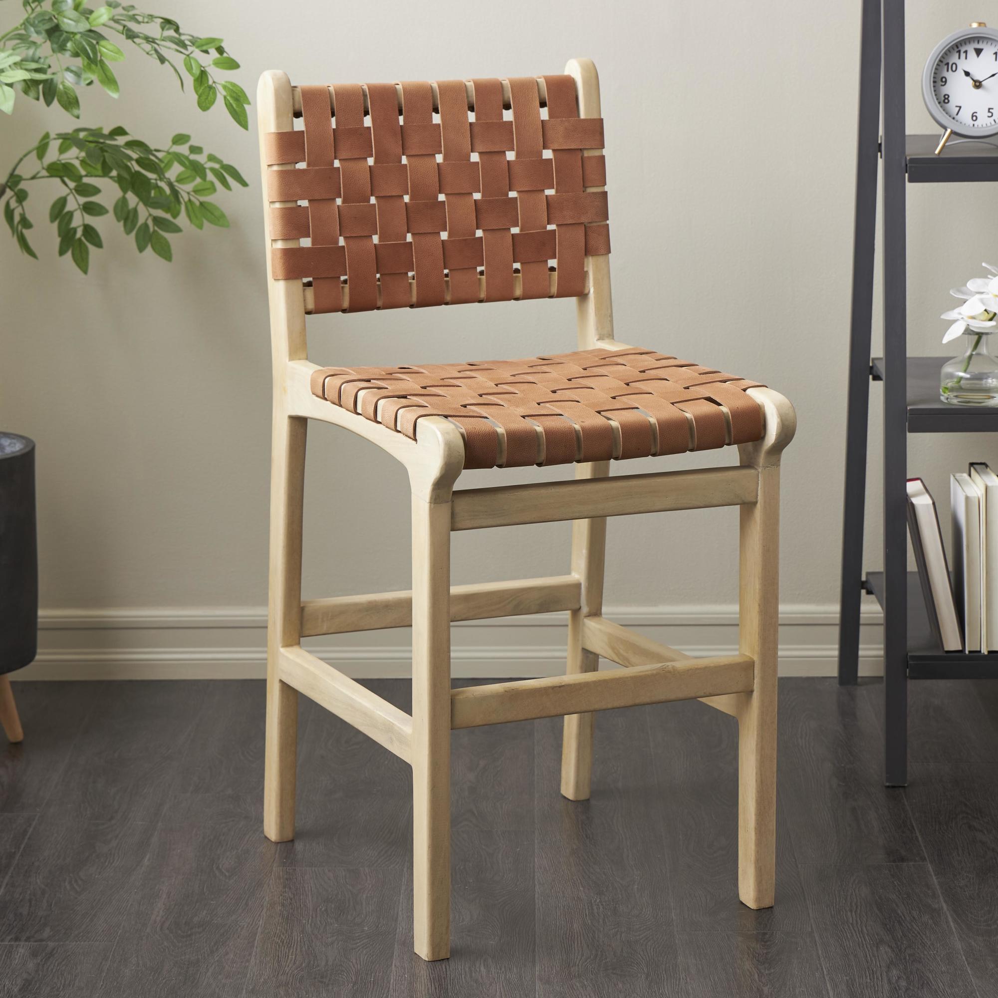 Mango Wood Handmade Woven Kitchen Bar Stool with with Backrest and Footrest