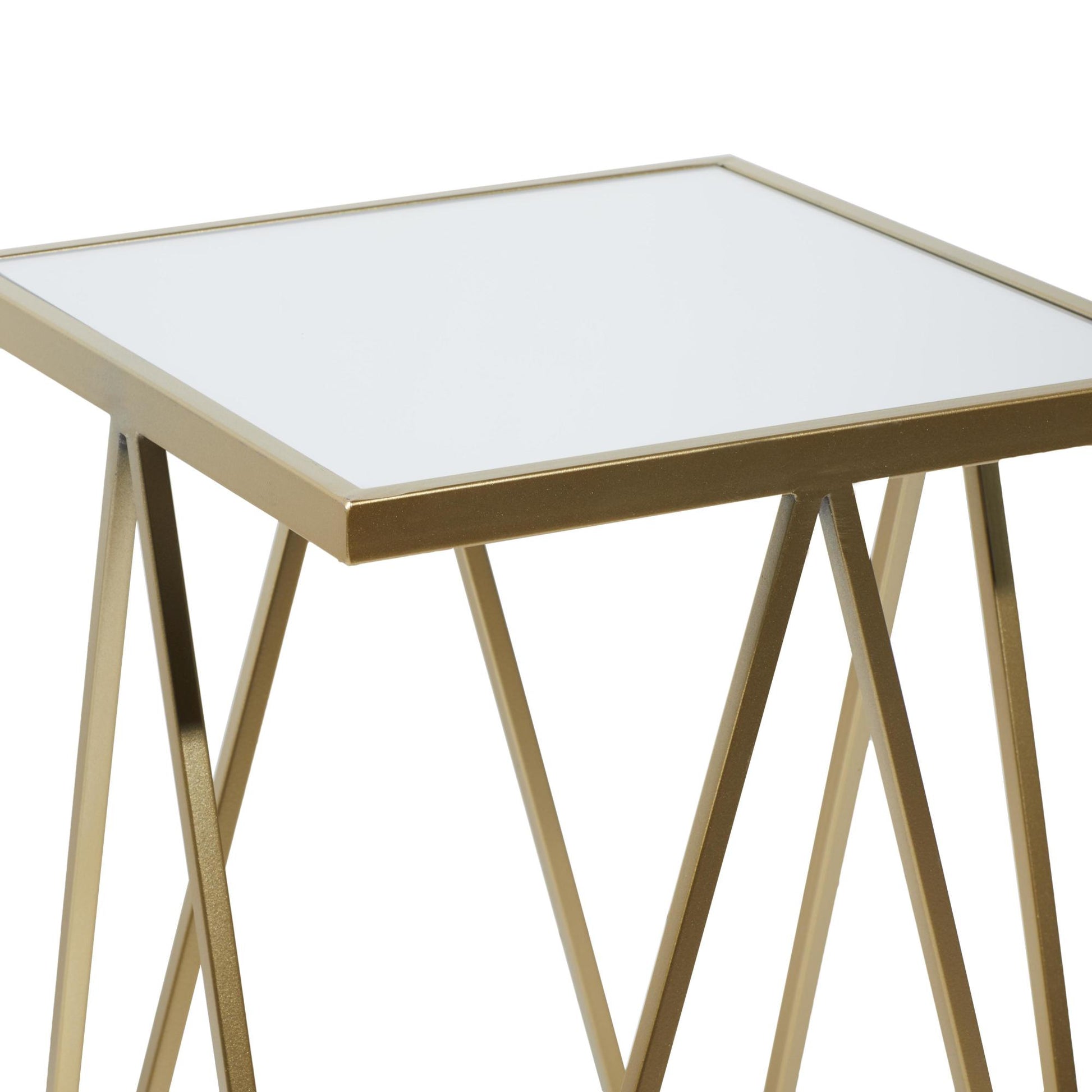 Set of 2 Geometric Gold Metal Square Side End Accent Table with Mirrored Glass Top