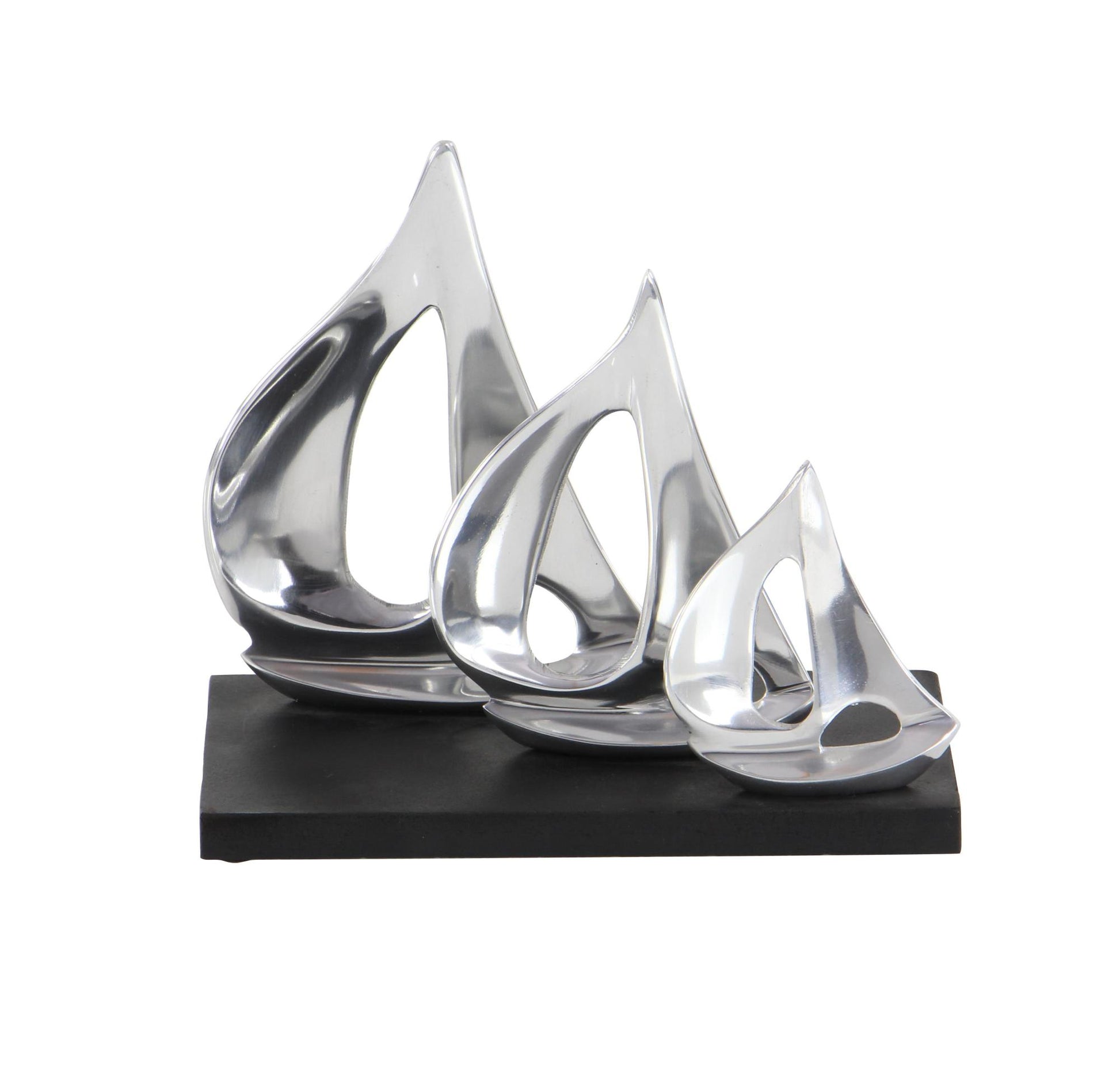 Sail Boat Silver Aluminum Metal Decorative Sculpture with Black Base