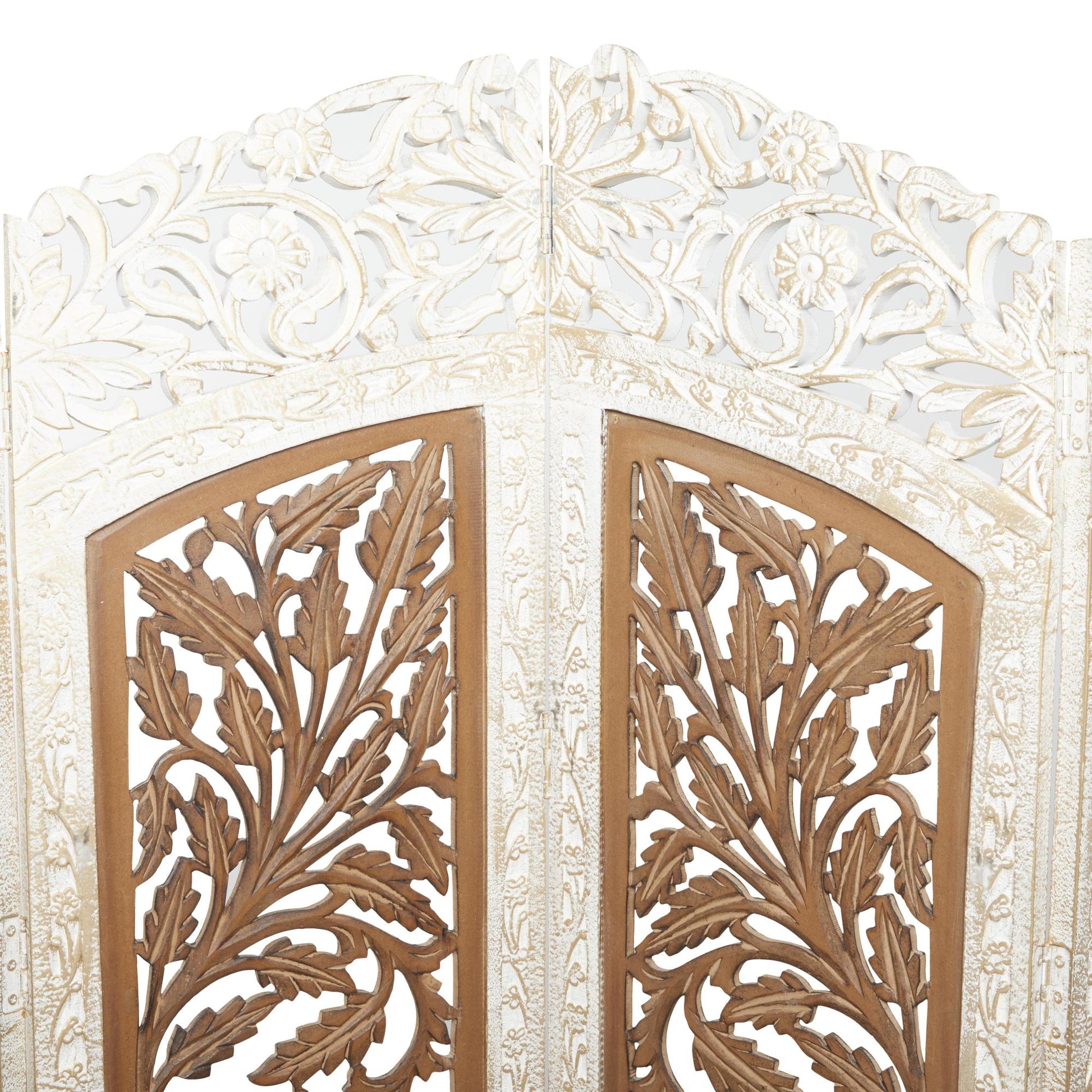 Floral Brown Mango Wood Handmade Foldable Partition 4 Panel Partition Room Divider Screen with Carved Designs