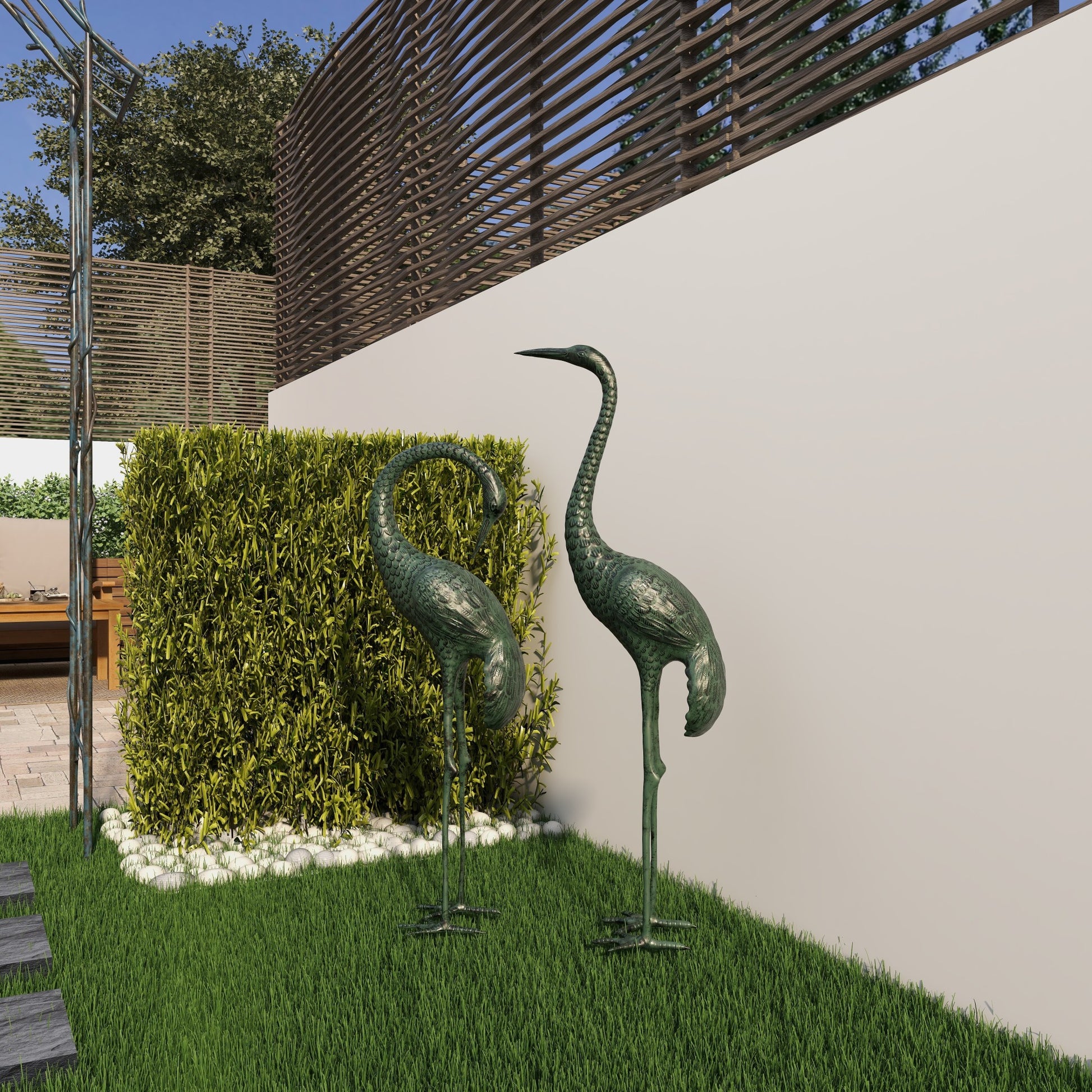 Set of 2 Crane Green Aluminum Metal Tall Indoor Outdoor Decorative Garden Sculpture