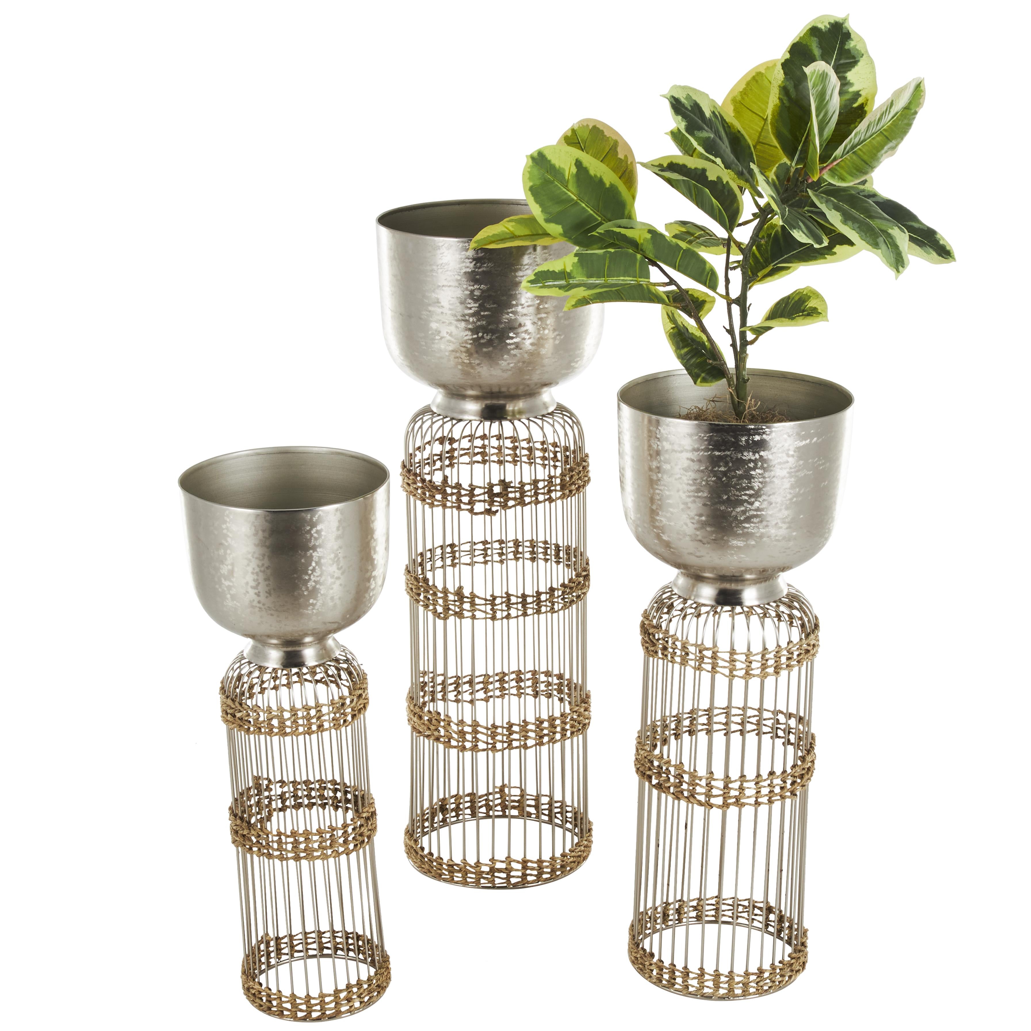 Set of 3 Metal Textured Dome Indoor Planter with Woven Seagrass and Caged Rod Pedestal Base Set of 3 32", 27", 24"H