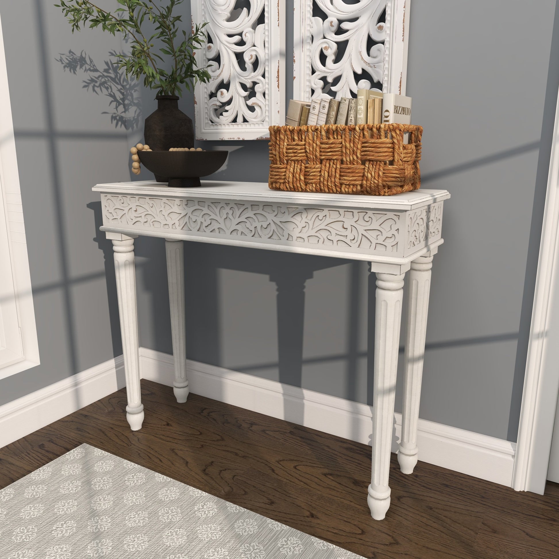 Scroll Wood Intricately Carved Slim Living Room Console Table with Turned Legs 36" x 12" x 30"