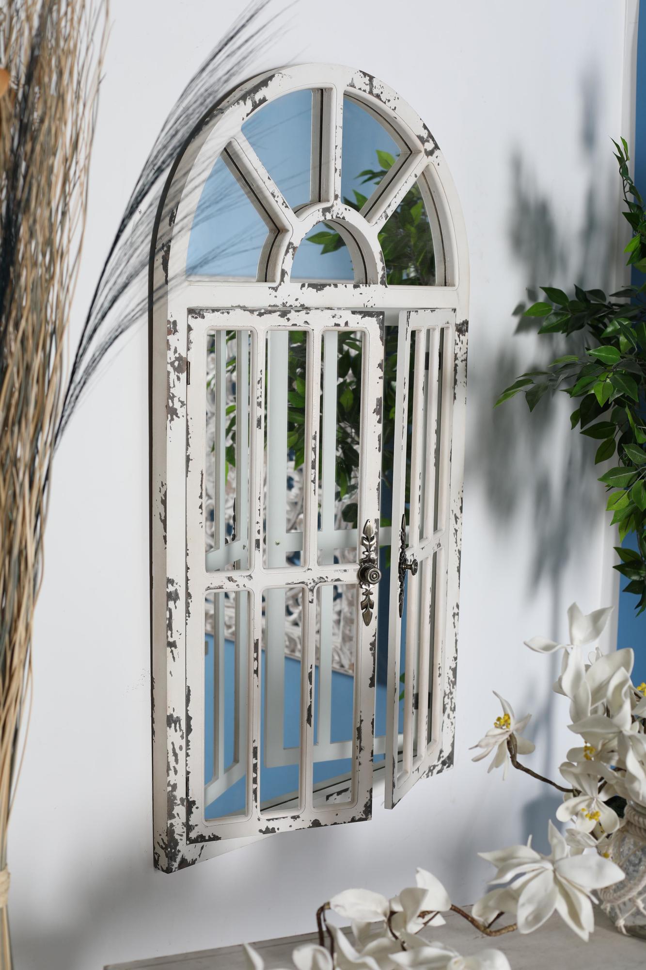 White Wood Window Pane Inspired 2 Door Room Wall Mirror with Arched Top and Distressing