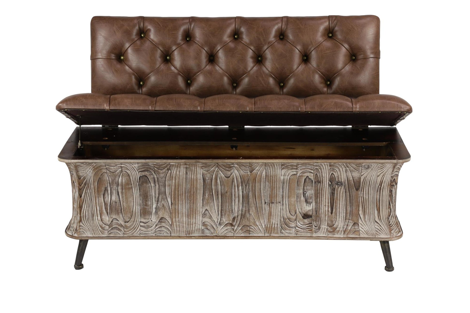 Brown Wood Room Storage Bench with Tufted Faux Leather Seat and Back