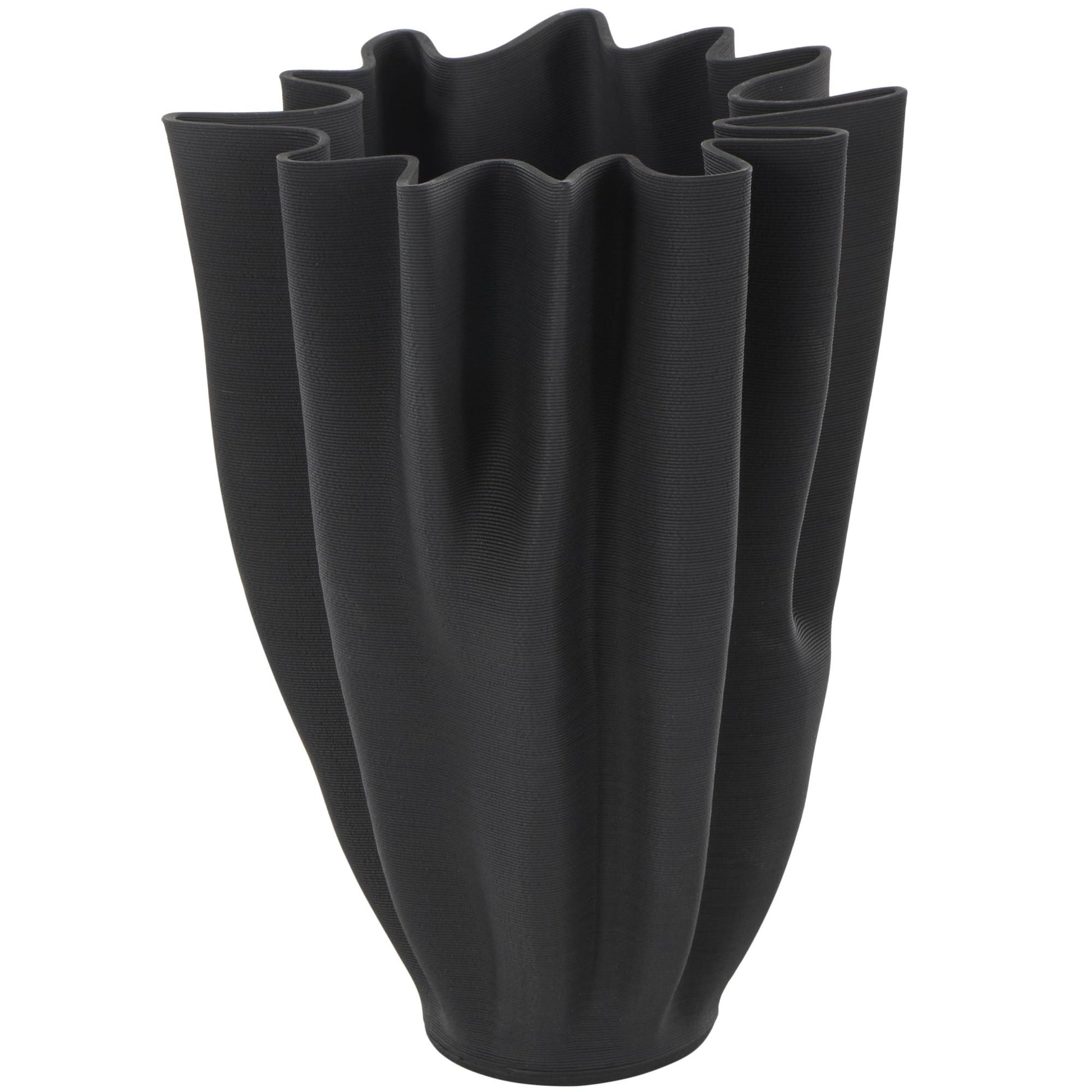 Abstract Black Ceramic Dimensional Ribbed Tulip Decorative Vase with Angular Rim