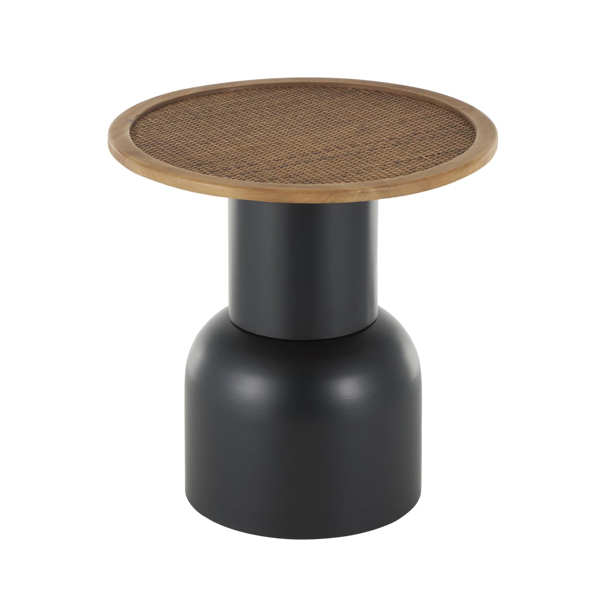 Black Metal Handmade Pedestal Side End Accent Table with Brown Rattan Tabletop