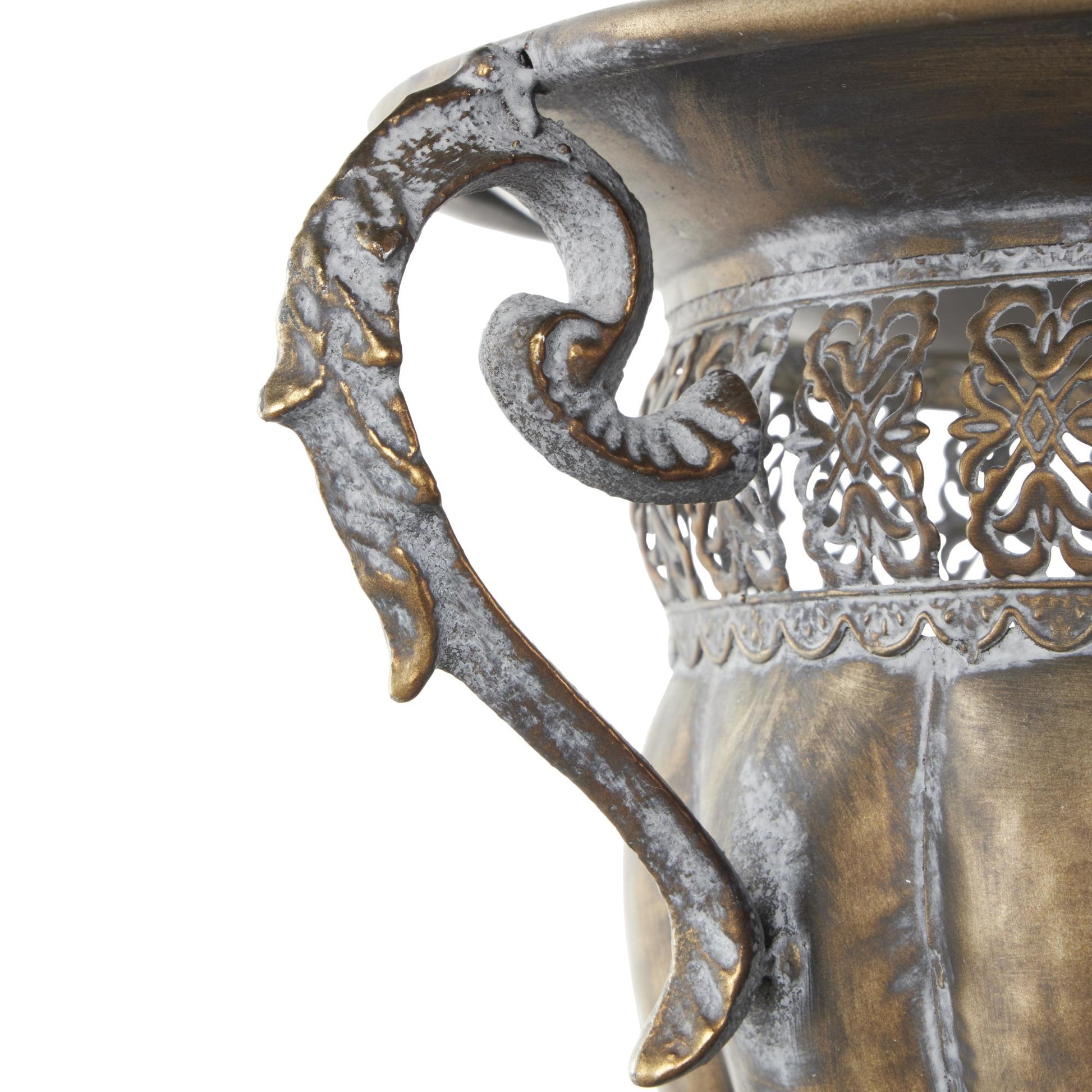 Scroll Bronze Metal Urn Shaped Decorative Vase with Hammered Details and Cut Outs