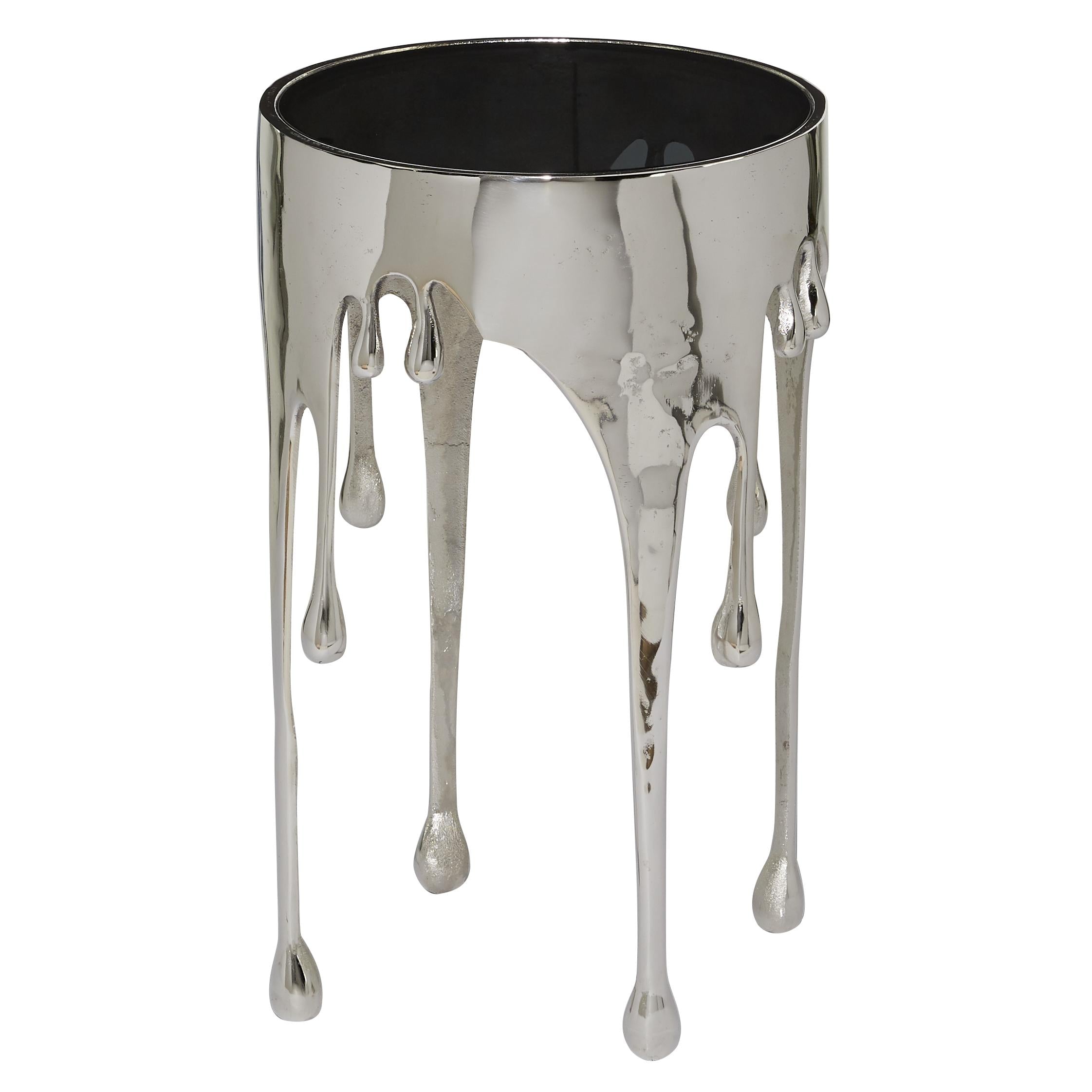 Abstract Aluminum Metal Drip Side End Accent Table with Melting Design and Shaded Glass Top