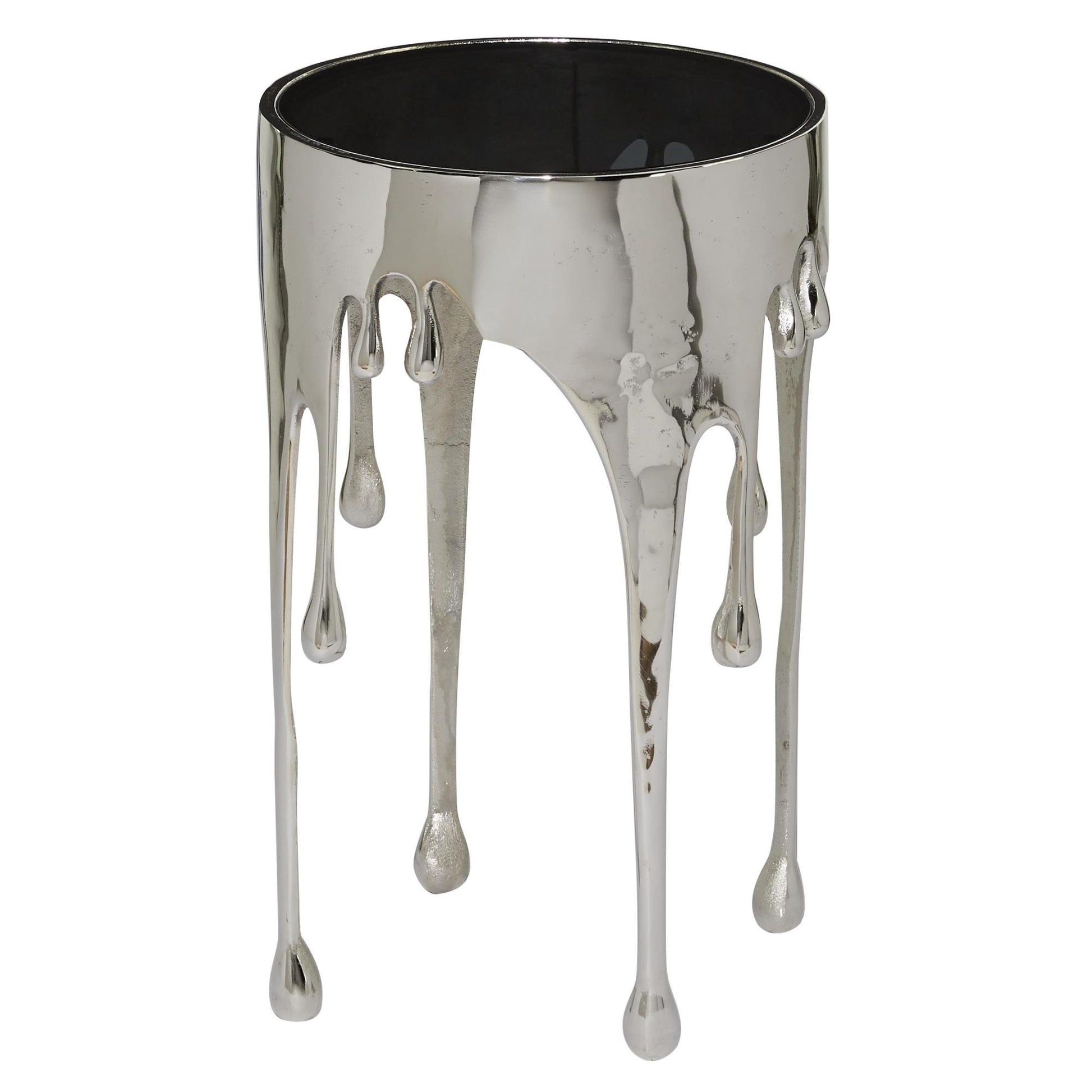 Abstract Aluminum Metal Drip Side End Accent Table with Melting Design and Shaded Glass Top 16" x 16" x 25"