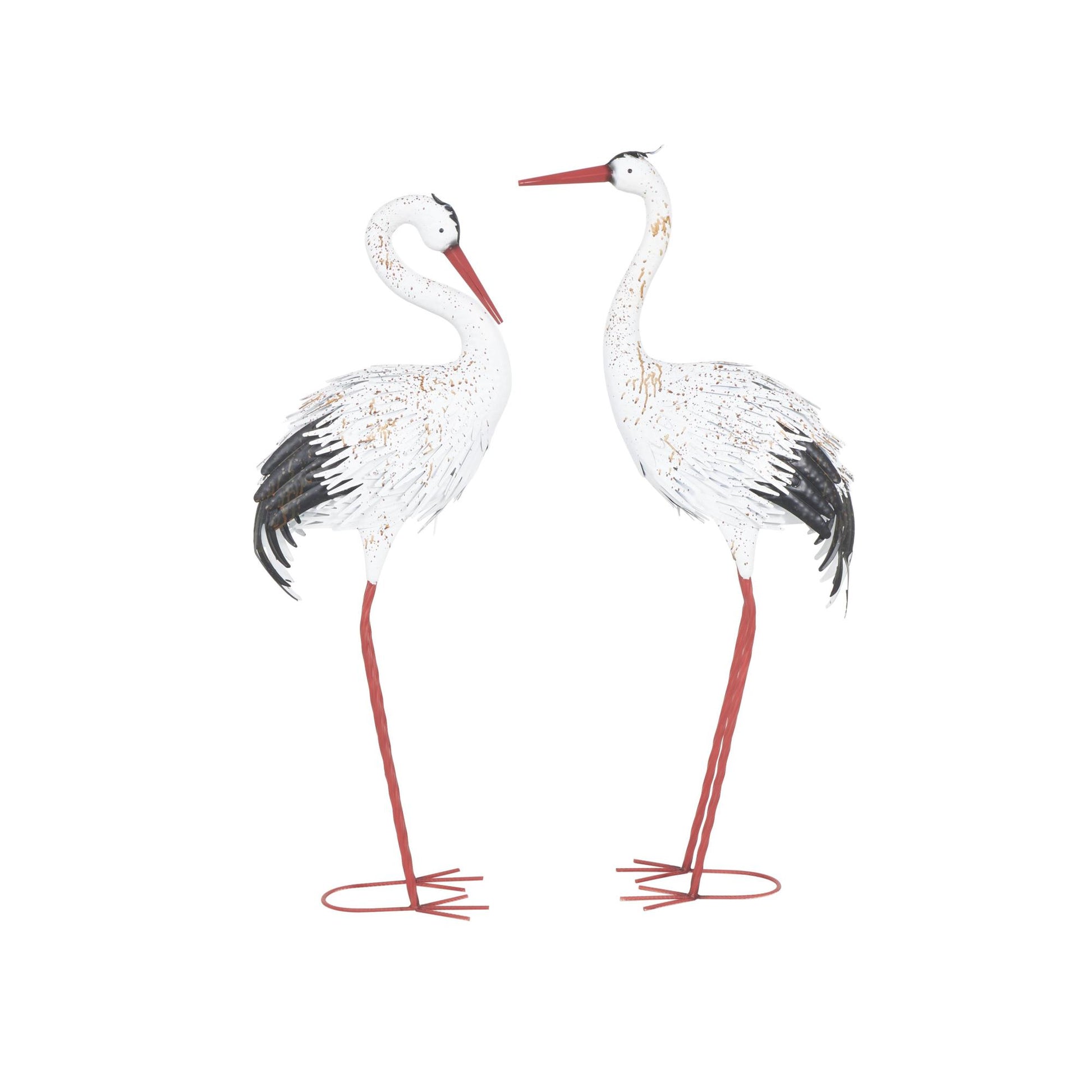 Set of 2 Crane White Metal Tall Decorative Garden Sculpture with Brown Speckled Texture and Red Accents