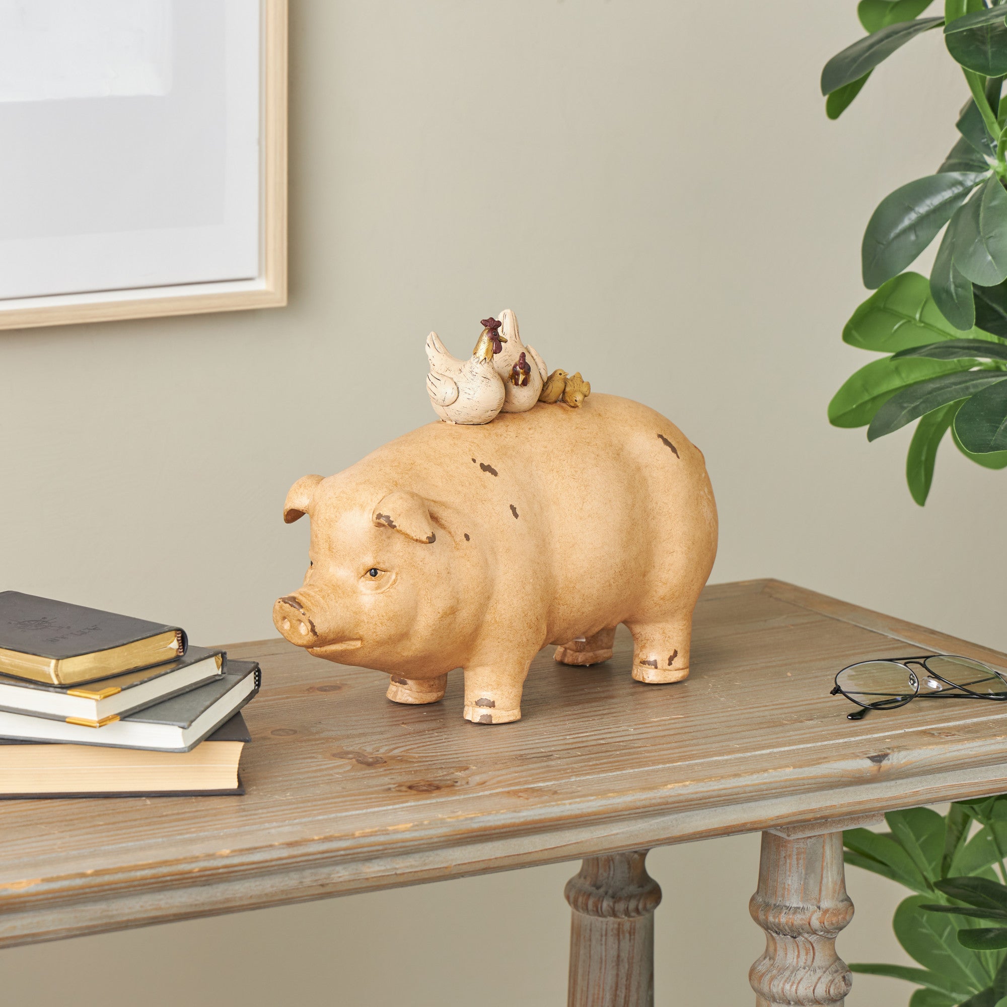 Pig Light Brown Resin Decorative Sculpture with Roosters and Chicks