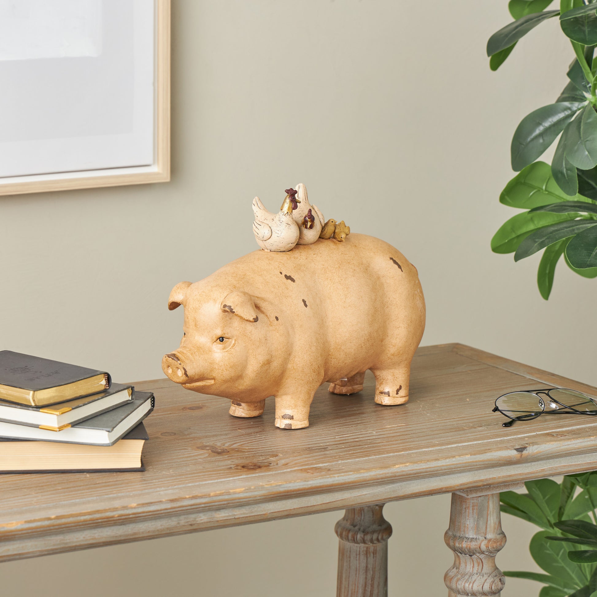 Pig Light Brown Resin Decorative Sculpture with Roosters and Chicks