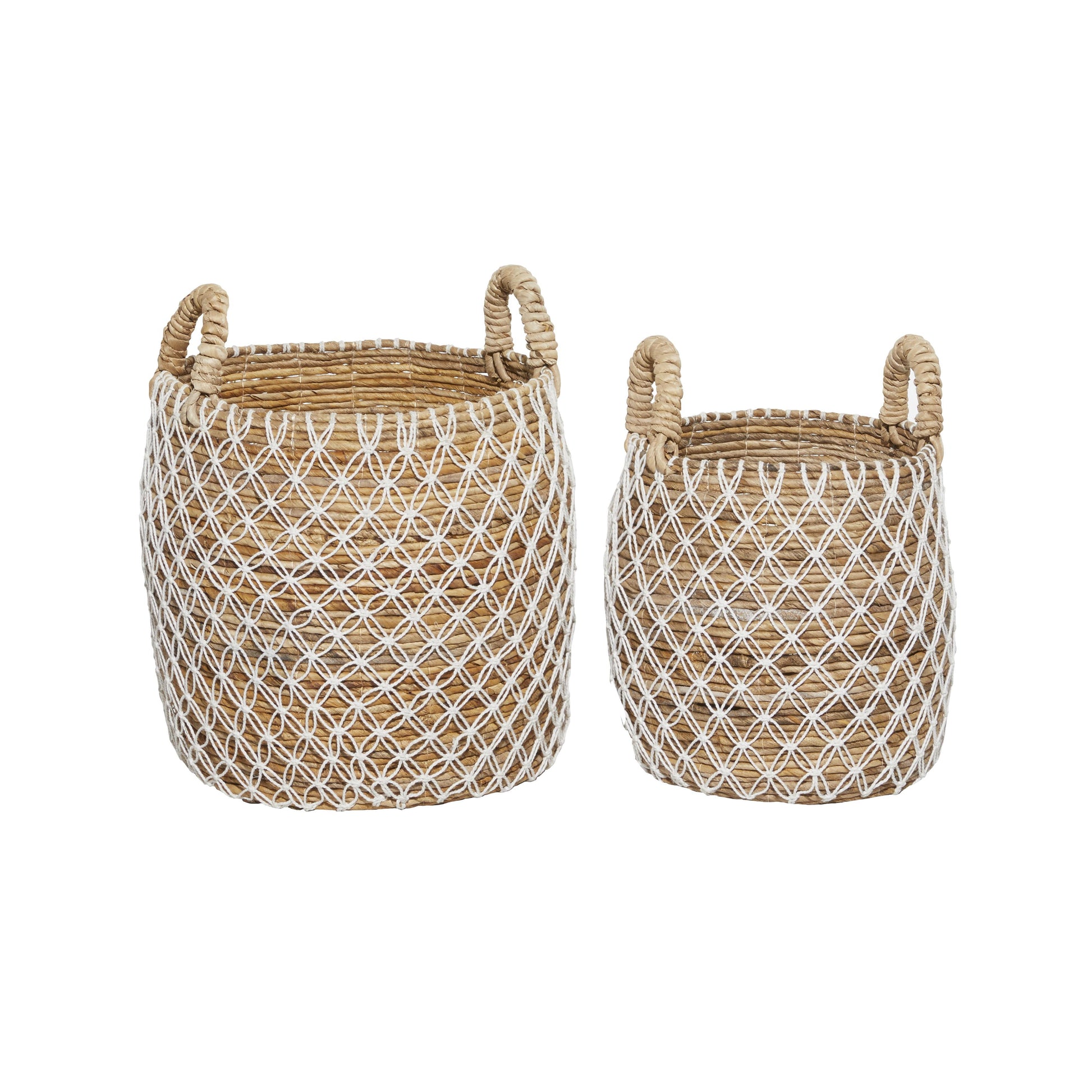 Set of 2 Brown Banana Leaf Handmade String Detail Decorative and Functional Storage Basket with Handles