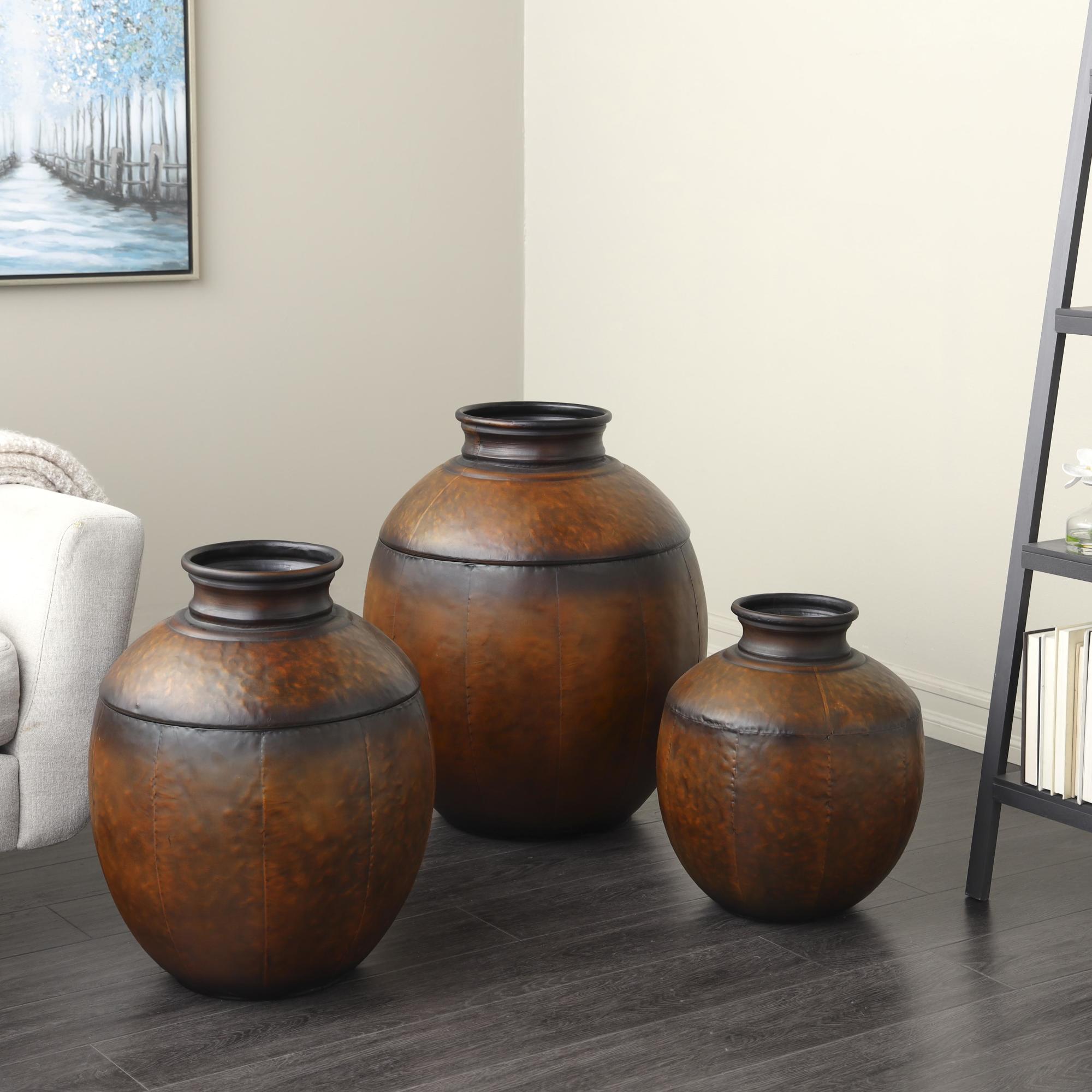 Set of 3 Brown Metal Antique Style Round Pot Floor Decorative Vase