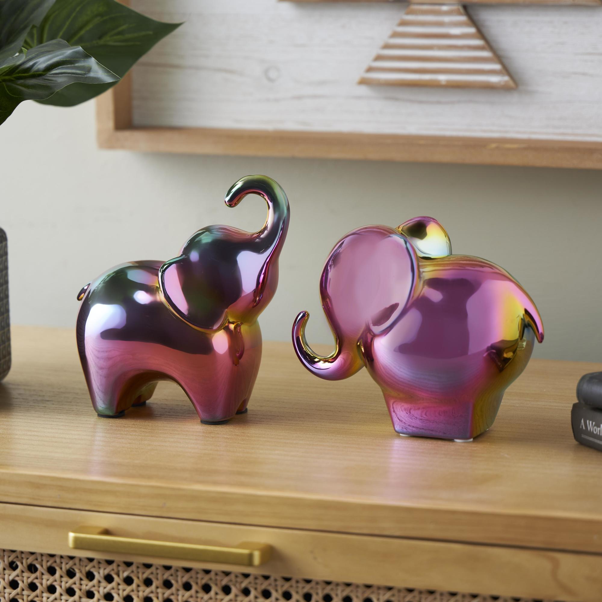 Set of 2 Elephant Ceramic Decorative Sculpture with Rainbow Shimmer Finish