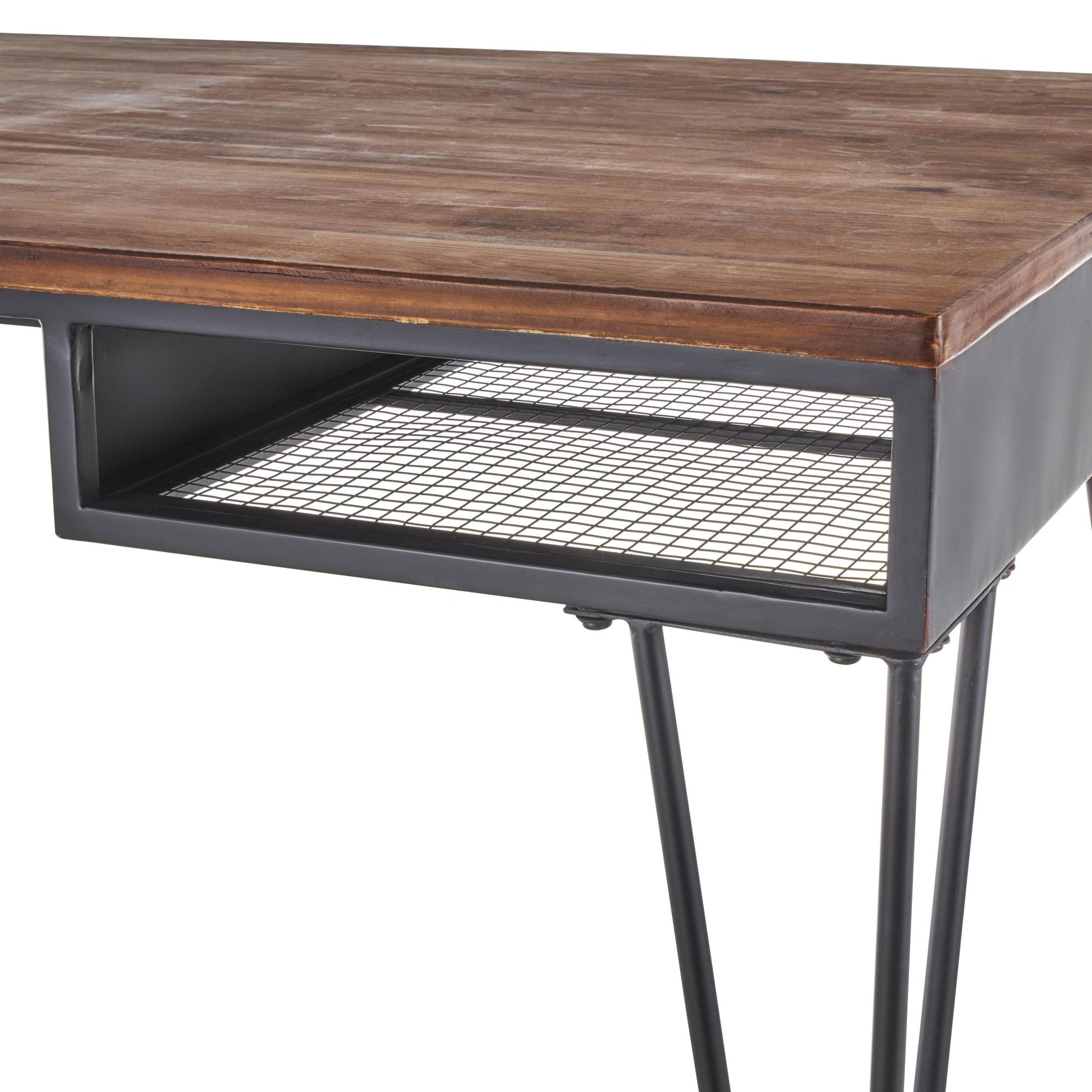 Black Metal Double Sided Living Room Desk with Brown Wooden Tabletop and Drawers