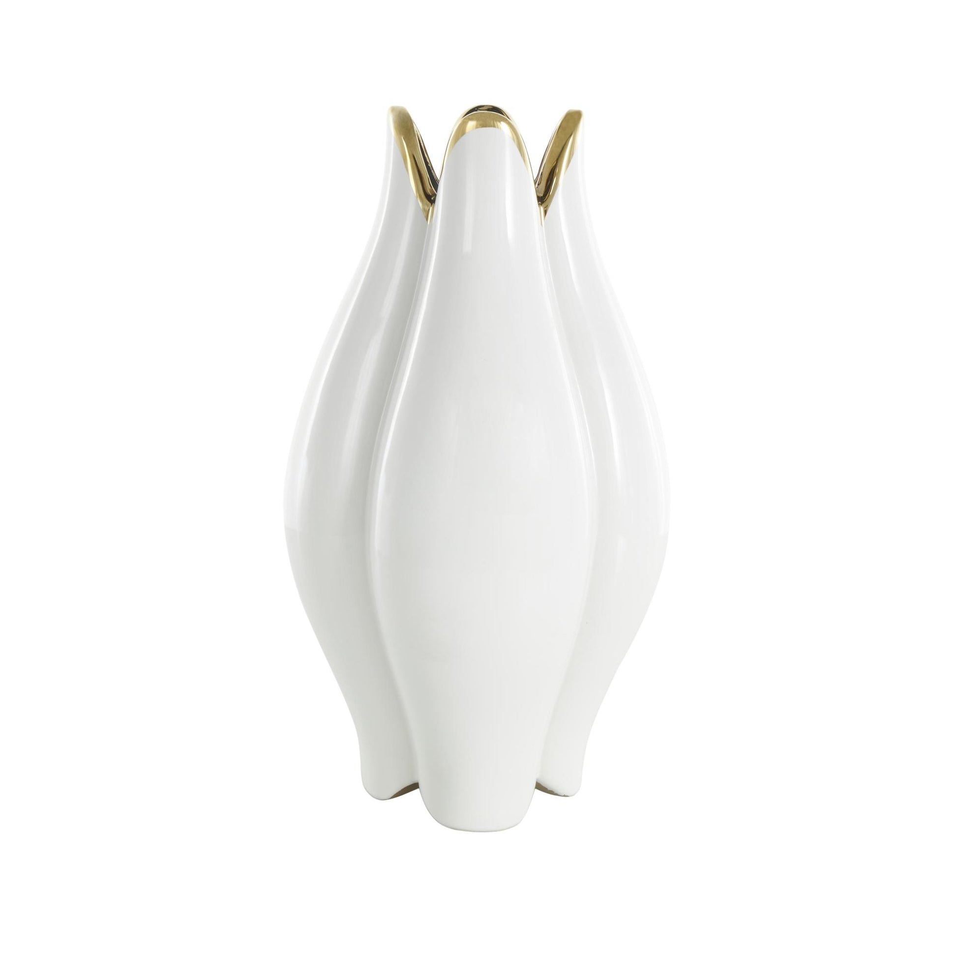 Floral White Ceramic Dimensional Shaped Decorative Vase with Metallic Gold Rim