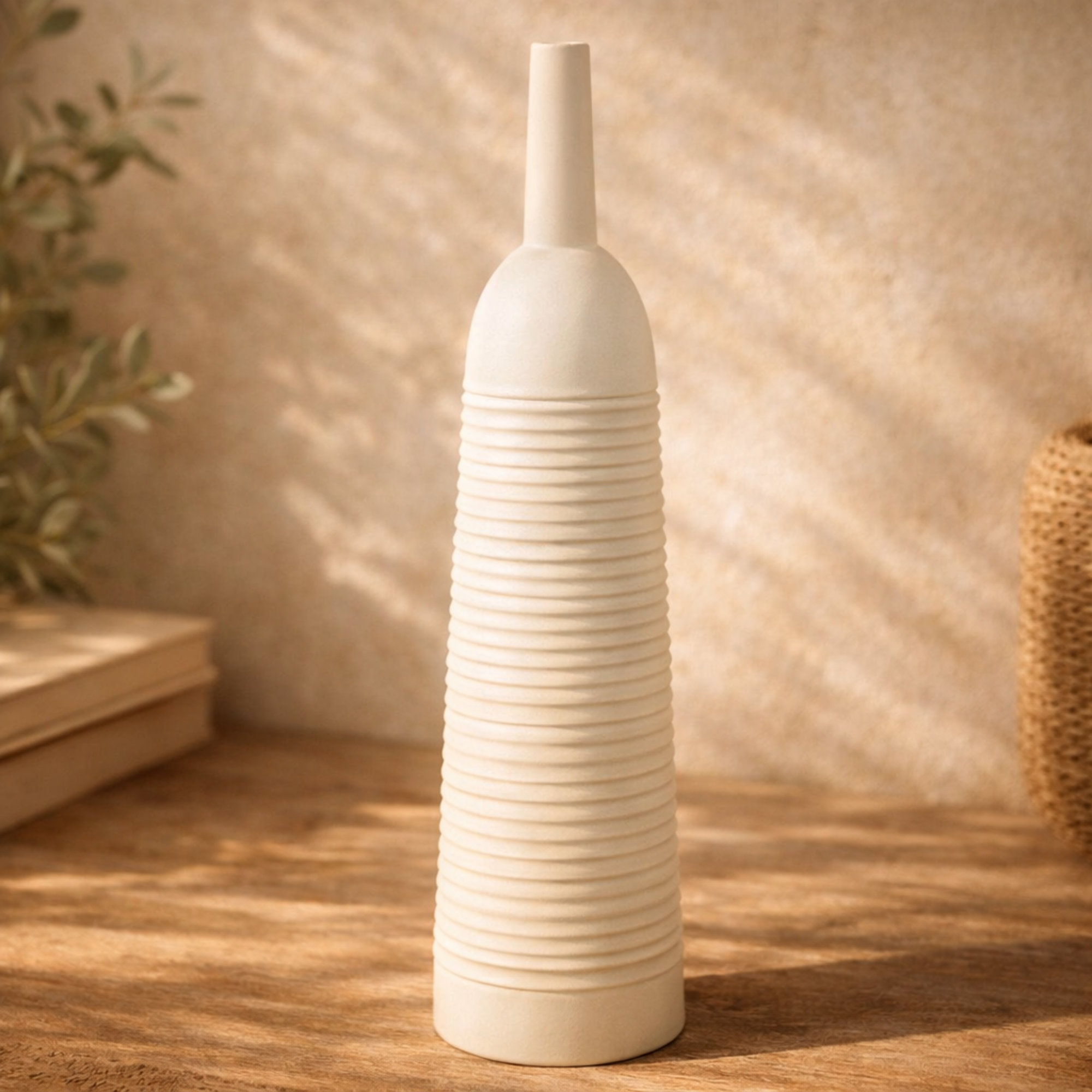 White Metal Ribbed Tapered Cone Floor Decorative Vase
