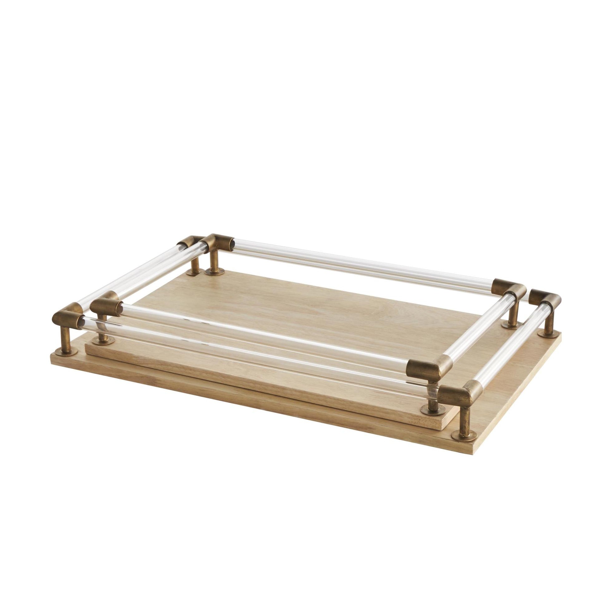 Set of 2 Light Brown Mango Wood Living Room Decor Tray with Copper Metal Edges and Acrylic Sides