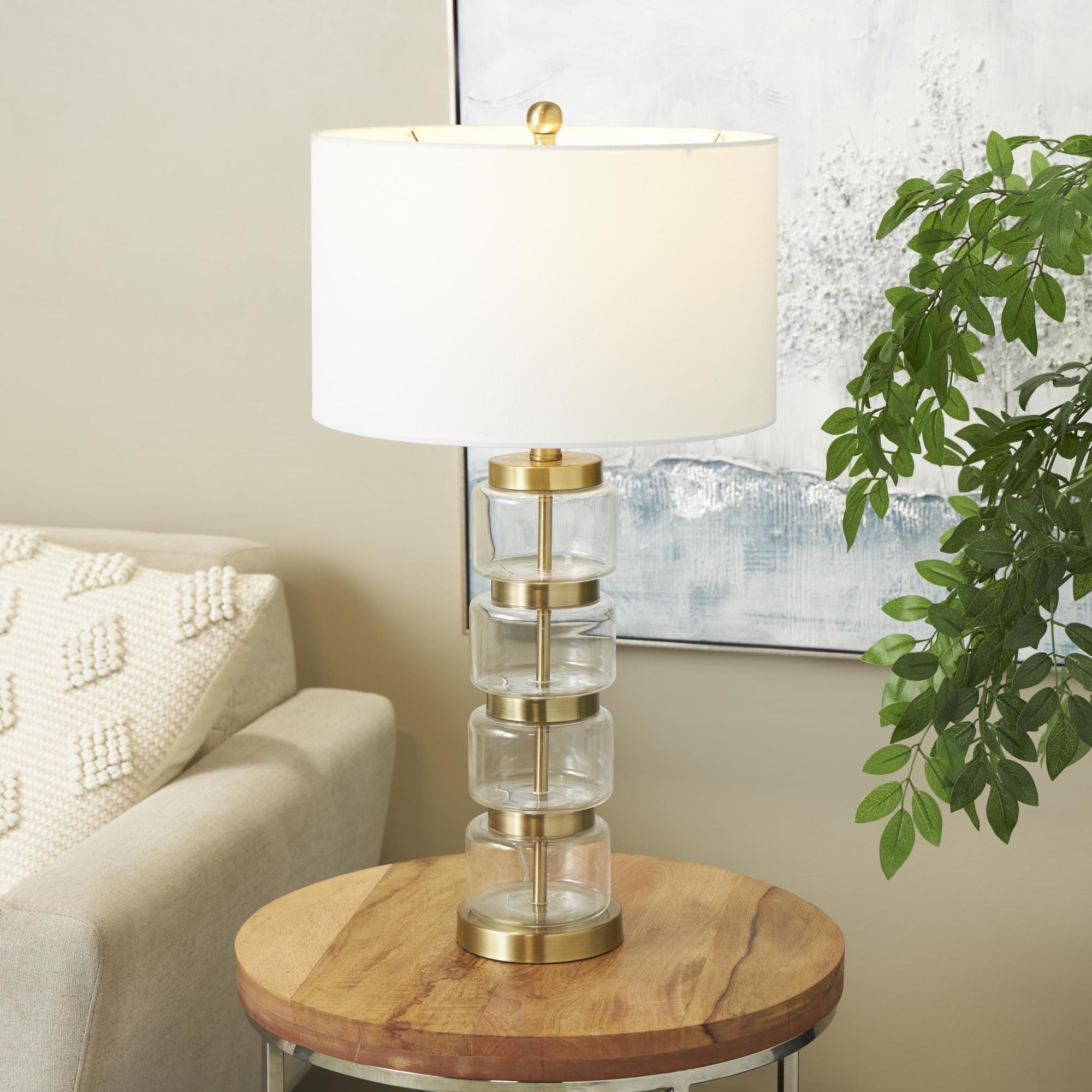 Clear Glass Stacked Jars Room Table Lamp with White Drum Shade and Gold Metal Accents