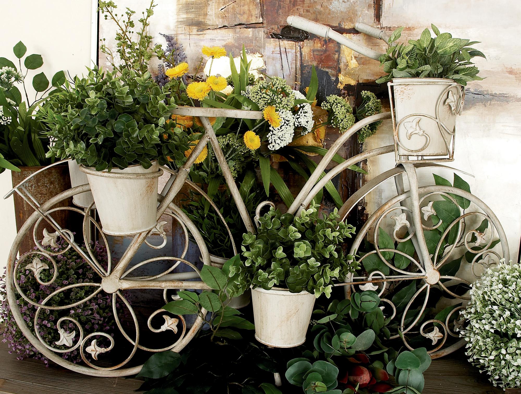 Bike Gray Metal Distressed Scroll 3 Tier Indoor Outdoor Plantstand with Fleur De Lis Wheels