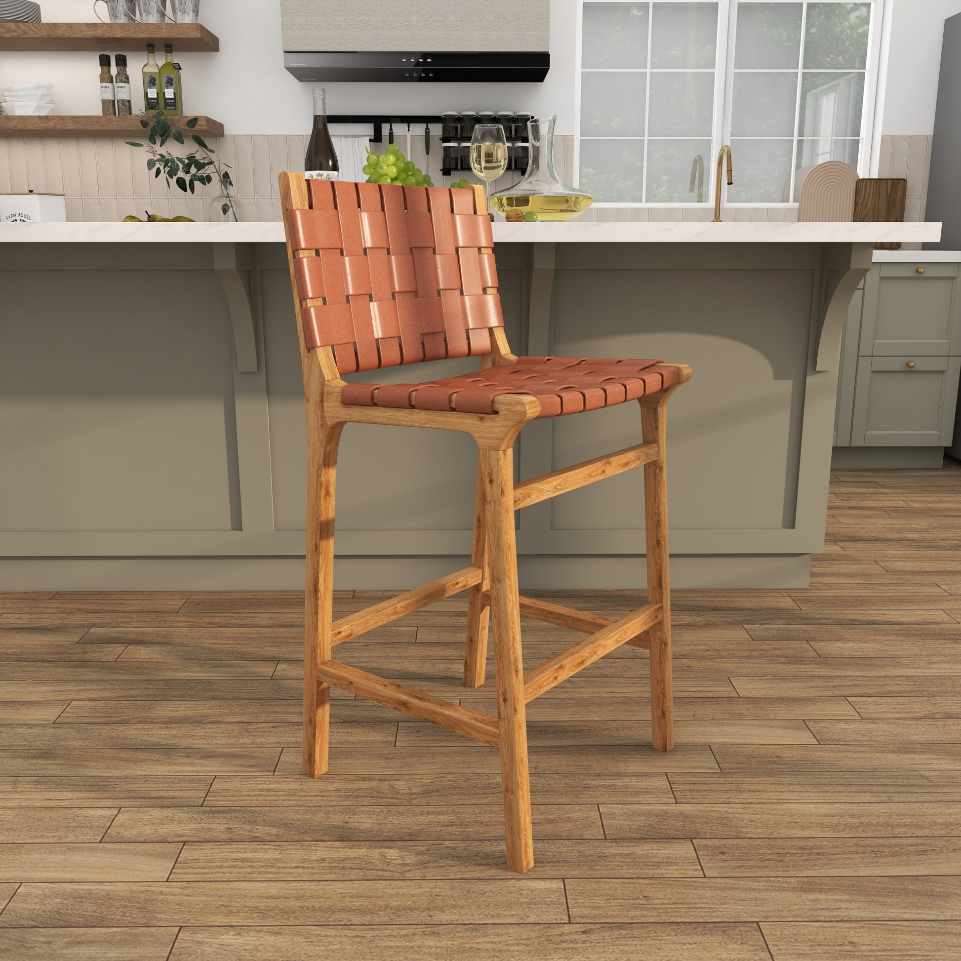 Teak Wood Woven Leather Seat and Back Kitchen Bar Stool with Beam Footrest