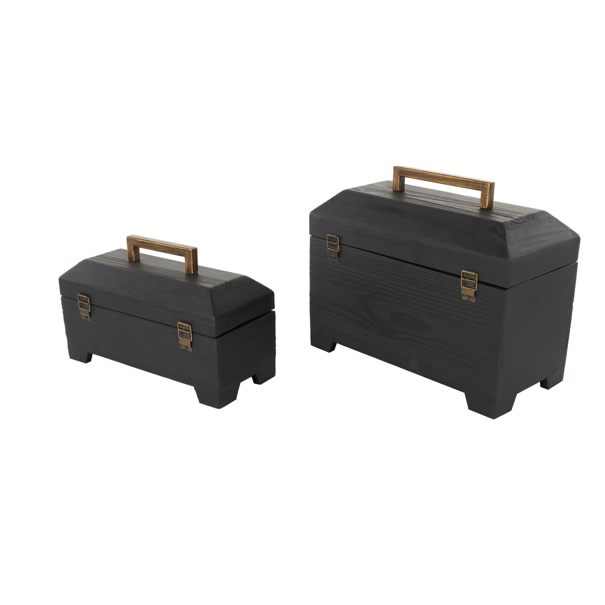 Set of 2 Black Wood Handmade Decorative Box with Brass Latches and Handle