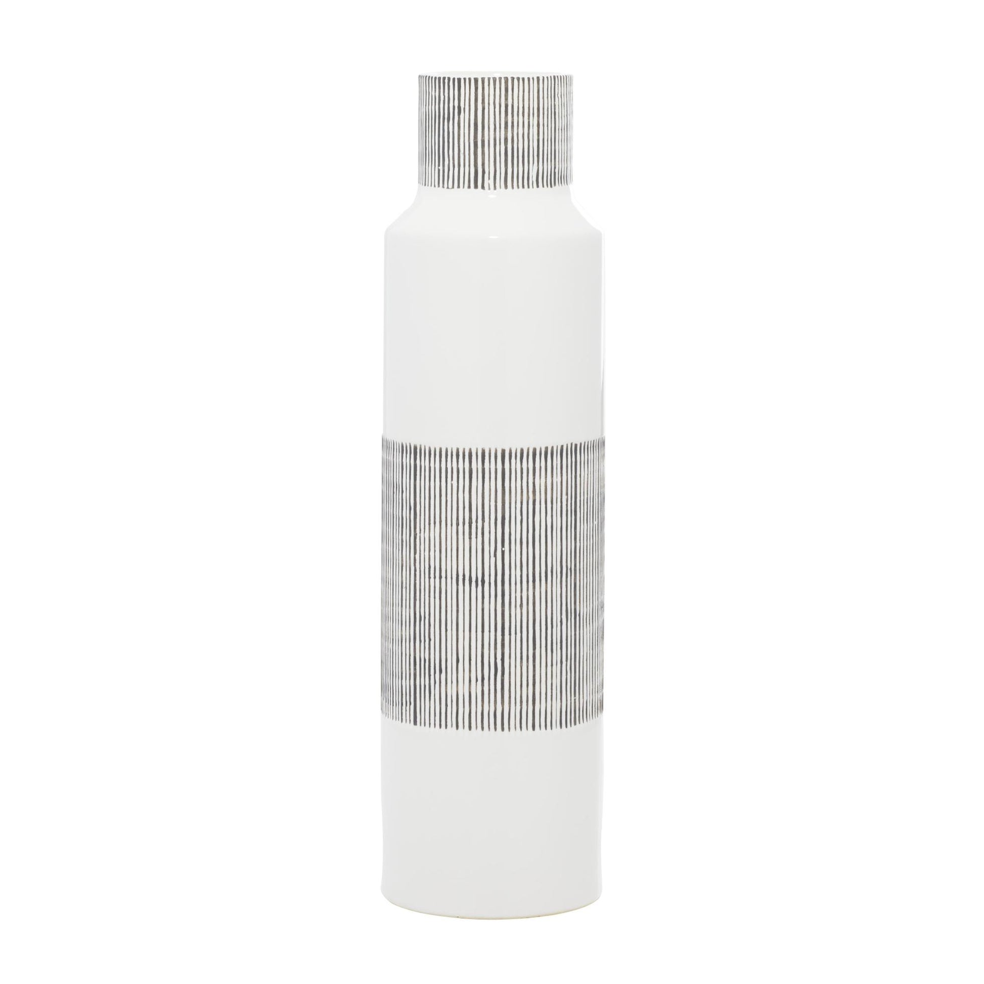 CosmoLiving by Cosmopolitan White Ceramic Handmade Decorative Vase with Gray Striped Accents