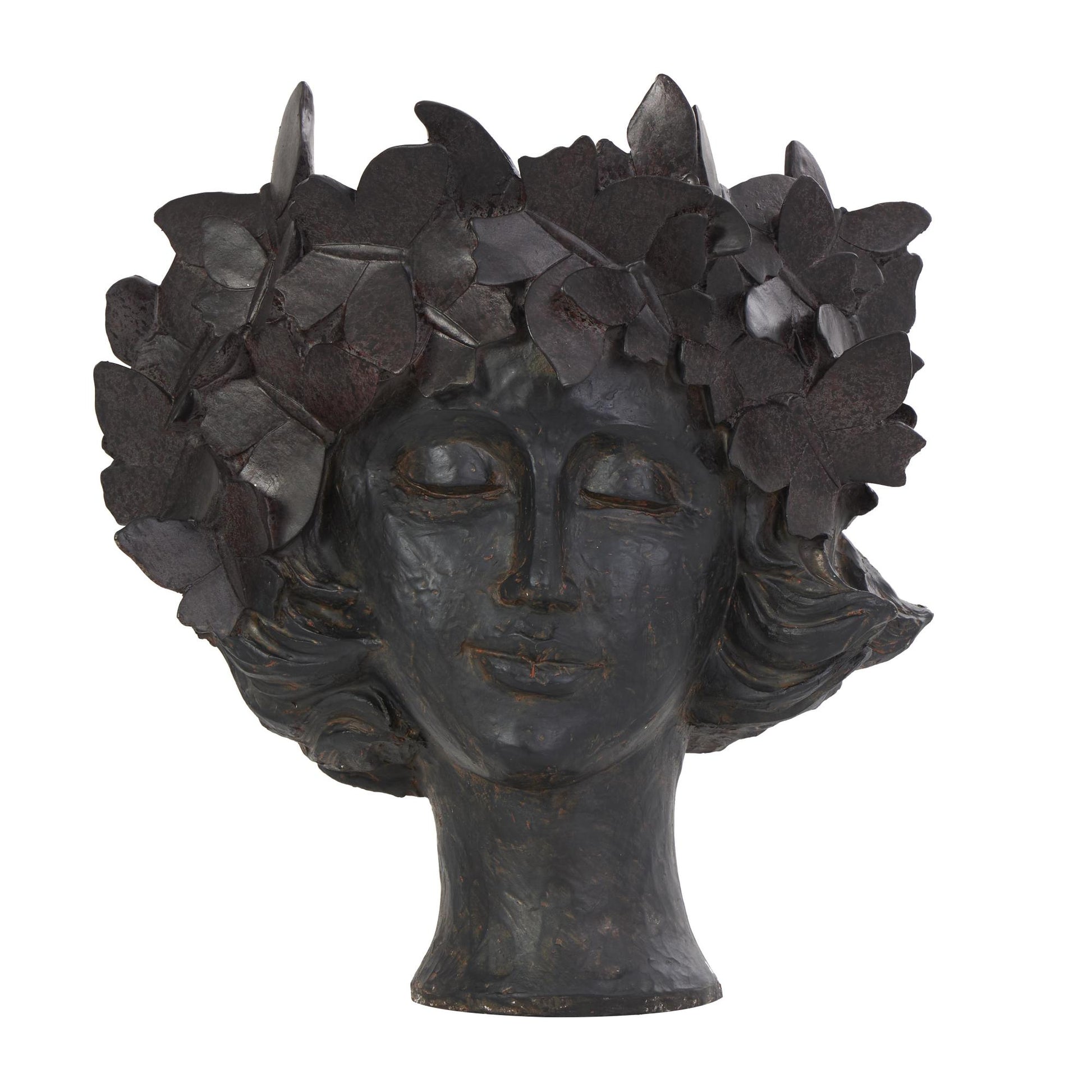 Woman Bronze Resin Head Indoor Outdoor Planter with Wide Opening and Butterfly Accents