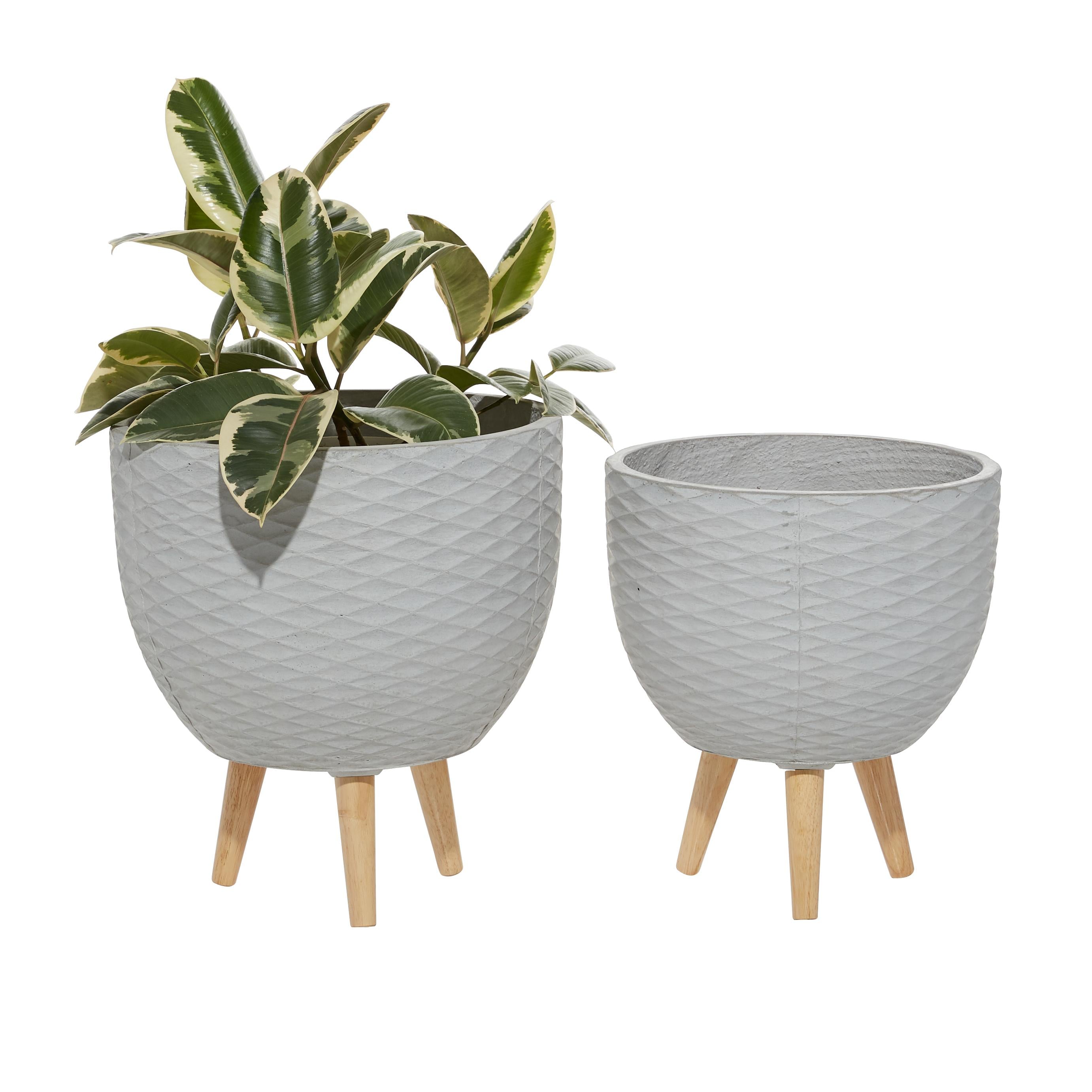 Set of 2 Geometric Ceramic Diamond Patterned Indoor Outdoor Planter with Wood Tripod Legs