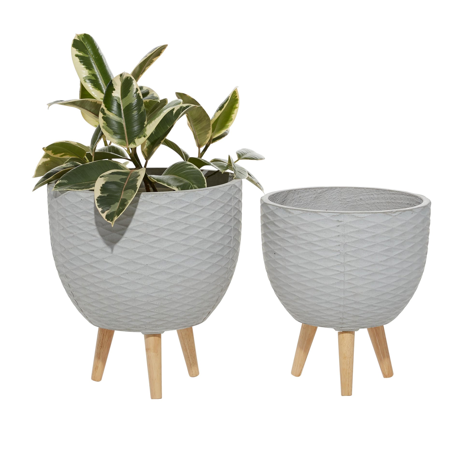 Set of 2 Geometric Ceramic Diamond Patterned Indoor Outdoor Planter with Wood Tripod Legs